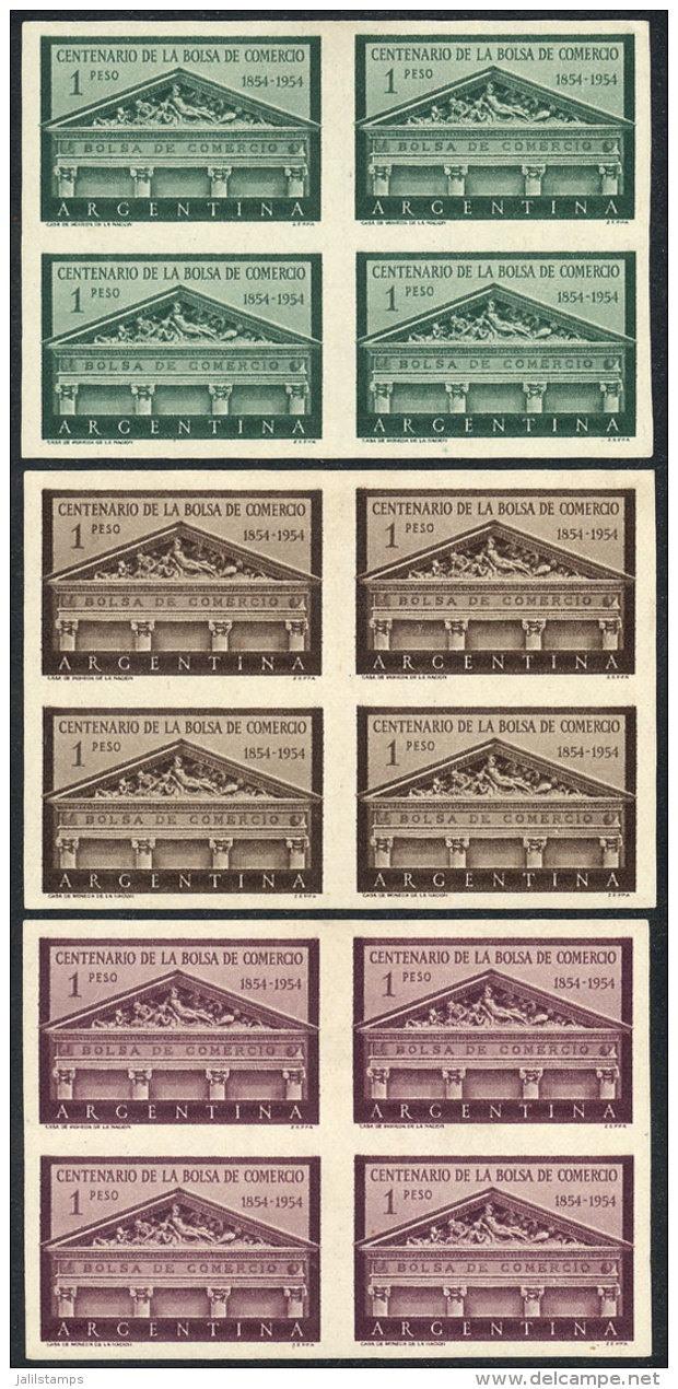 GJ.1029, 1954 Stock Exchange 100 Years, PROOFS On Ordinary Paper, BLOCKS OF 4 In The 3 Known Colors, VF Quality! - Autres & Non Classés