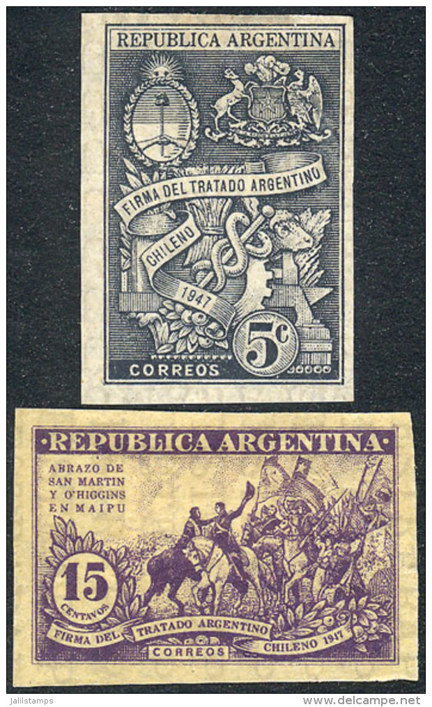 Year 1947, Argentina-Chile Treaty, Complete Set Of 2 Unadopted ESSAYS (topics: Horses, San Mart&iacute;n, Flags,... - Autres & Non Classés