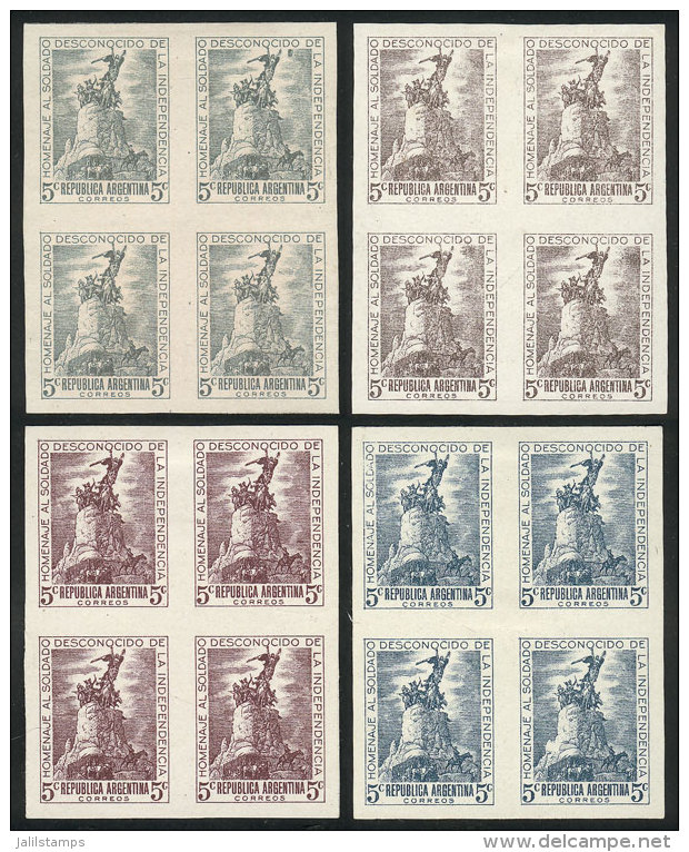 GJ.926, 1946 Unknown Soldier, 4 TRIAL COLOR PROOFS In Blocks Of 4 Printed On Paper Glazed On Both Sides (3) Or... - Autres & Non Classés