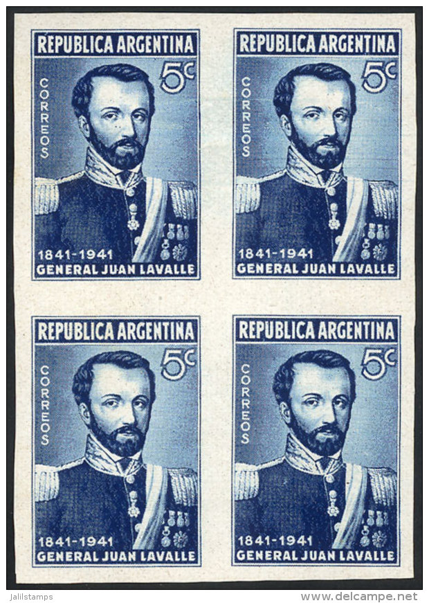 GJ.854, 1941 General Juan Lavalle, PROOF In Intense Blue, Imperforate Block Of 4 On Paper Of Glazed Front, VF... - Autres & Non Classés