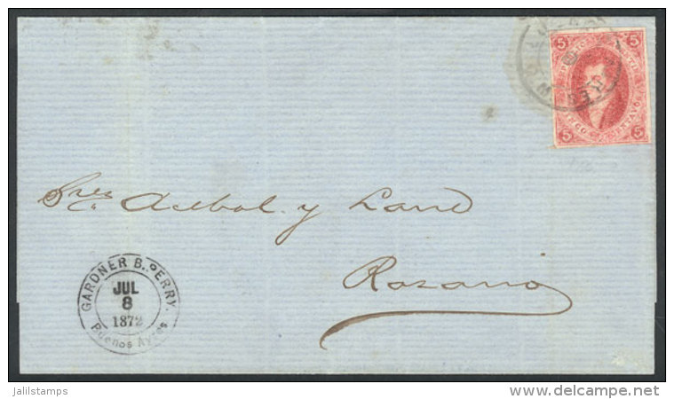 Folded Cover Sent To Rosario On 8/JUL/1872, Franked By GJ.34 (8th Printing) In A Nice Light Carminish Rose Color, 4... - Lettres & Documents