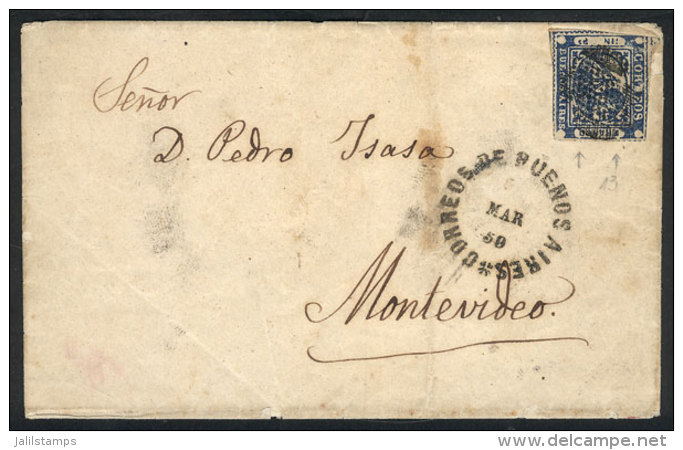 GJ.5, Dos Ps. Blue, Type 13 On The Reconstruction, On A Folded Cover Sent To Montevideo In MAR/1859, With Mute... - Buenos Aires (1858-1864)