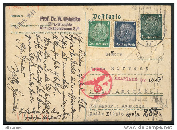 Card Sent From Berlin To PARAGUAY On 4/NO/1941, With Nazi And Allied Censor Marks, Some Natural Creases Produced... - Covers & Documents