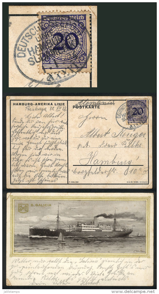 Beautiful PC With View Of Steamer Of The Line HAPAG Galicia, Posted At Sea To Hamburg On 1/JA/1924, With German... - Brieven En Documenten