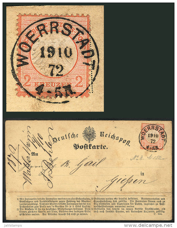 Card Sent From Woerrstadt To Giessen On 19/OC/1872, Franked With 2Kr. Orange (Sc.8), Minor Defects (crease And... - Cartas & Documentos