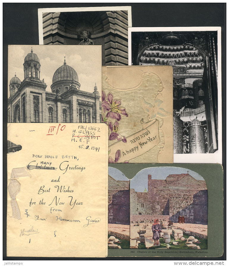 Lot Of 4 Old Postcards (Sinagogue In N&uuml;rnberg, New Year Used In New York In 1910, Etc.) + Stereoscopic Card... - Non Classés