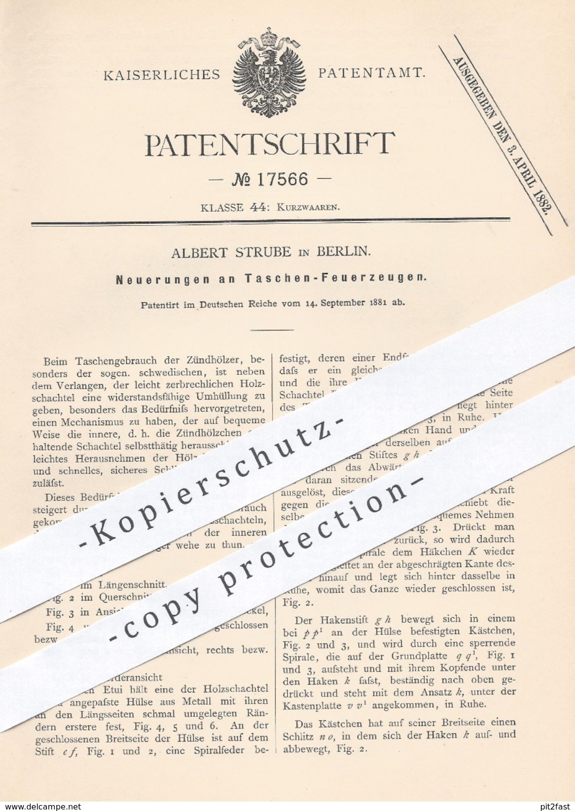 Original Patent - Albert Strube , Berlin , 1881 , Taschen - Feuerzeuge | Feuerzeuge , Feuer , Zündhölzer , Streichhölzer - Historische Dokumente