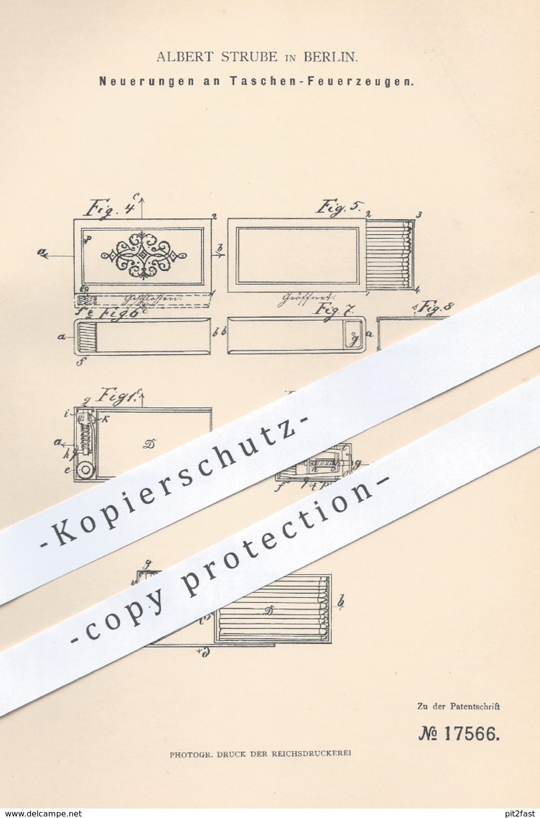 Original Patent - Albert Strube , Berlin , 1881 , Taschen - Feuerzeuge | Feuerzeuge , Feuer , Zündhölzer , Streichhölzer - Historische Dokumente