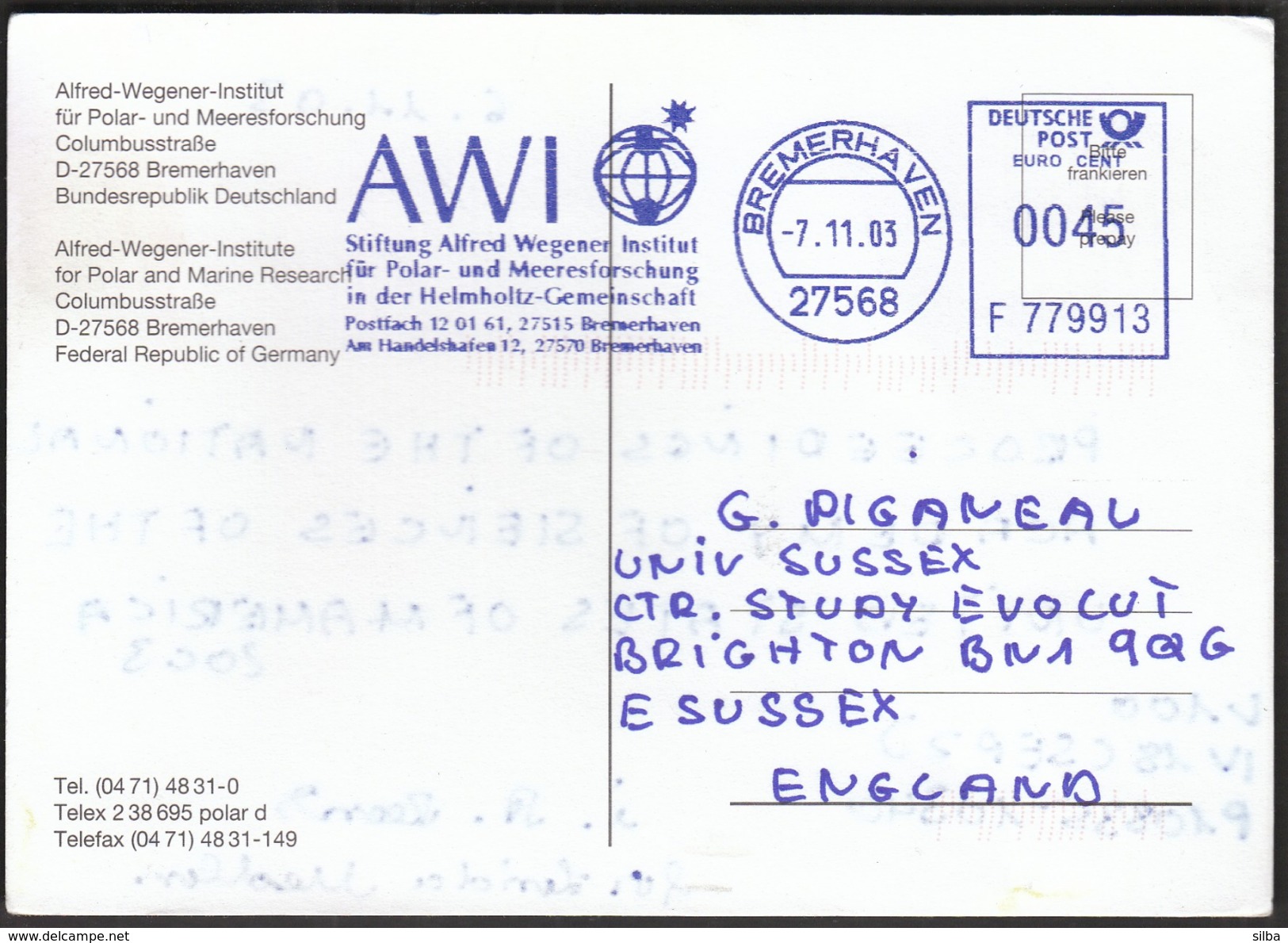 Germany Bremerhaven 2003 / AWI Alfred Wegener Institut / Polar And Meerresforschung / Machine Stamp - Programmes Scientifiques