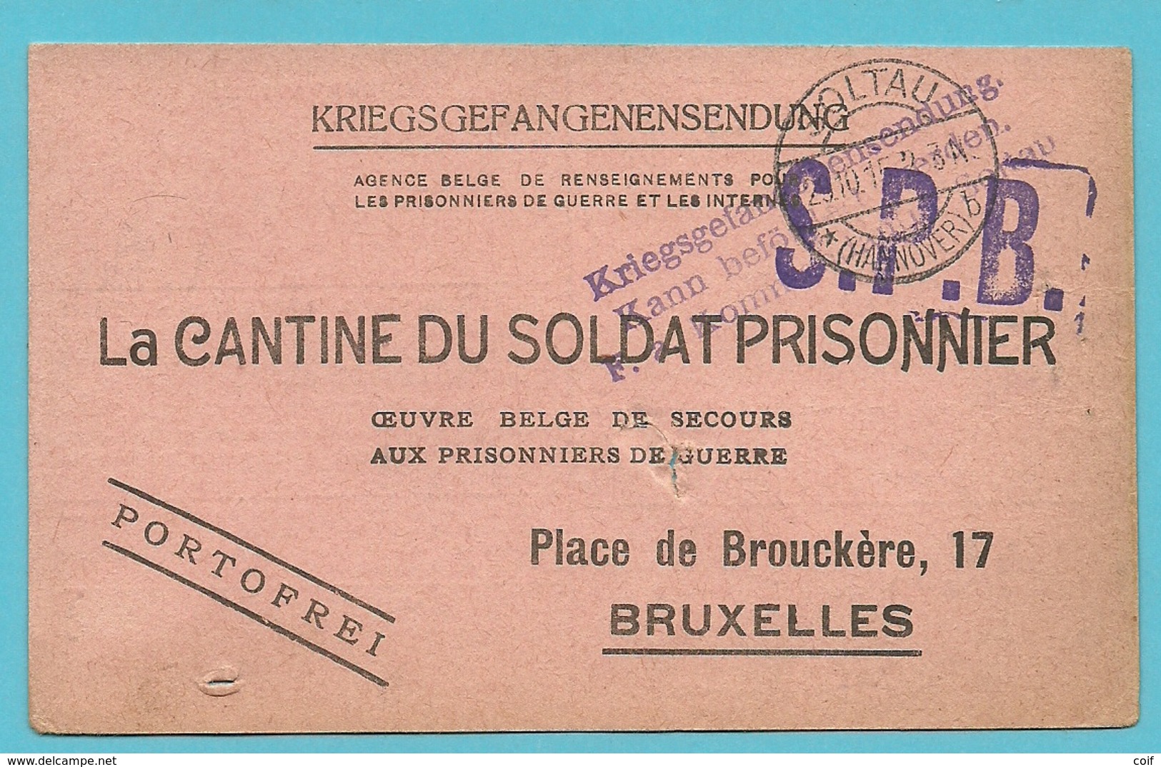 Kriegsgefangenensendung Van SOLTAU Naar BRUXELLES , Stempel S.P.B. - Kriegsgefangenschaft