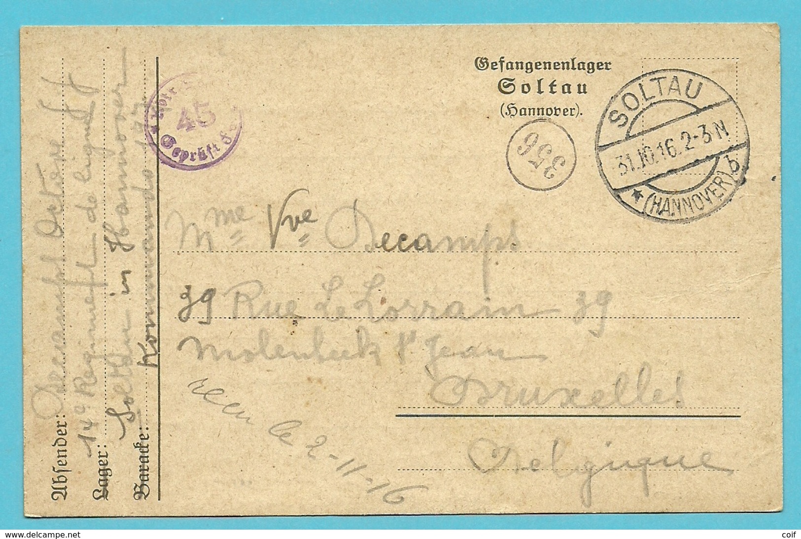 Kriegsgefangenensendung Van SOLTAU Naar BRUXELLES , Stempel GEPRUFT - Prisonniers