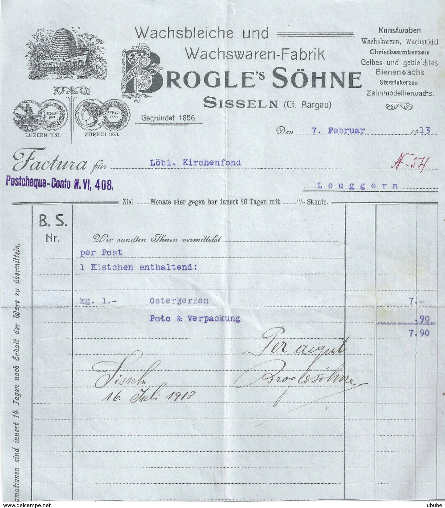 Rechnung  "Brogle's Söhne - Wachsbleiche Und Wachswaren Fabrik, Sisseln AG"             1913 - Suiza