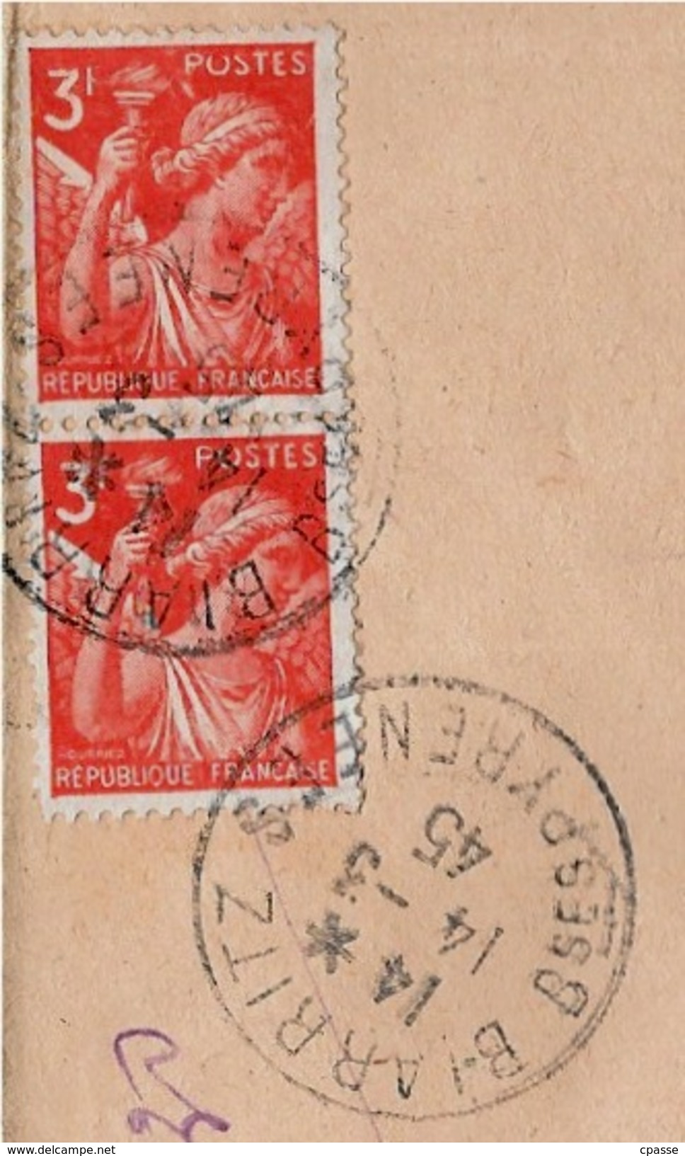 Lettre Recommandée 64 BIARRITZ (griffe) Affranchissement Composé Tarif 6 Francs (YT 655 Type IRIS X 2) 1945 - 1939-44 Iris