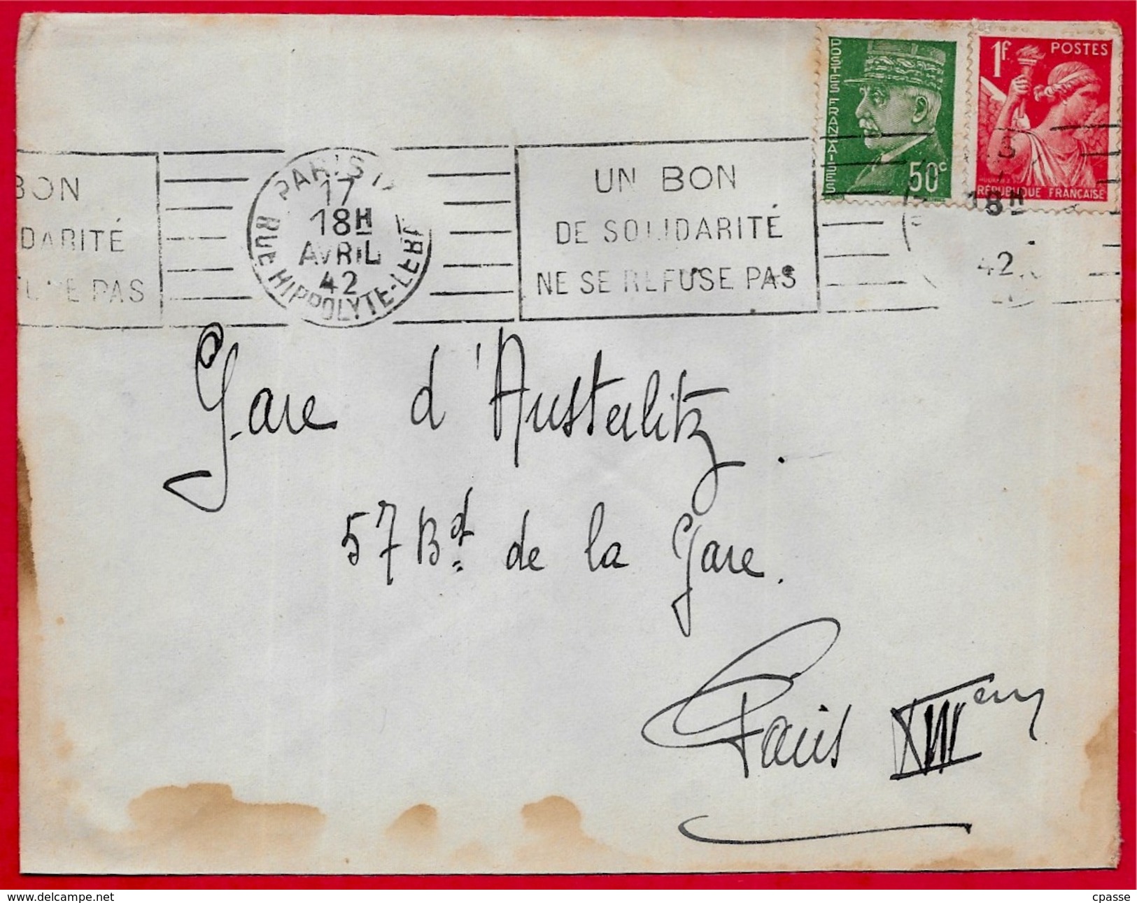 Lettre Avec Affranchissement Composé Tarif Types IRIS & Pétain 1942 Flamme "Un Bon De Solidarité..." 75 PARIS IX - Other & Unclassified