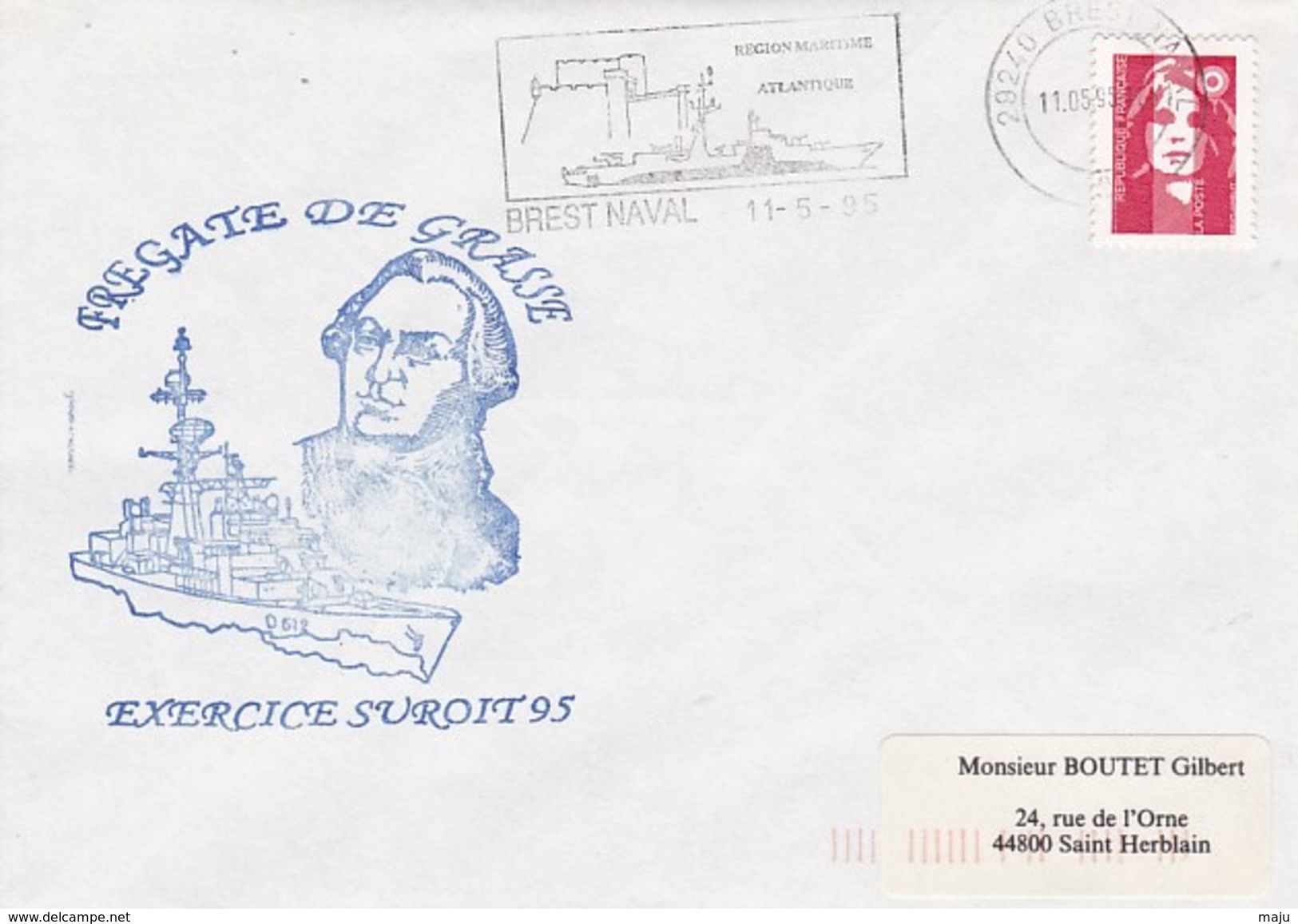 FREGATE DE GRASSE  EXERCICE SUROIT BREST NAVAL 11/5/95 CACHET BLEU   POSTE NAVALE - Poste Navale