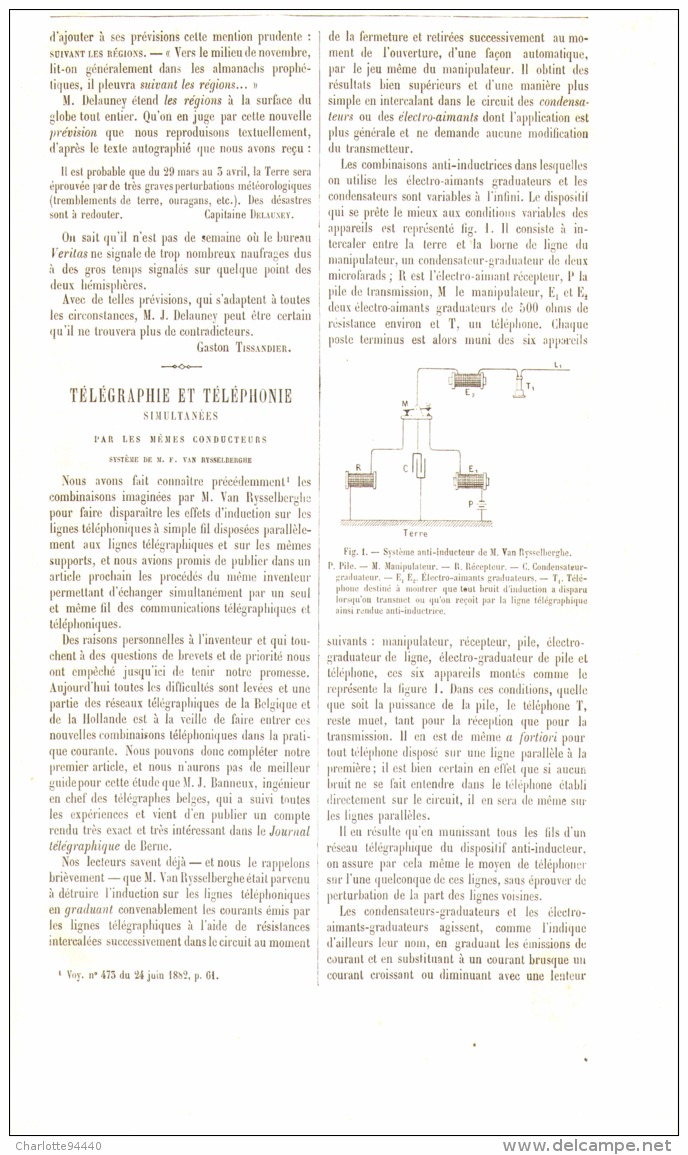 TELEGRAPHIE Et TELEPHONIE SIMULTANEES Par Les Mémes Conducteurs  Systéme De M.F.VAN.RYSSELBERGHE  1884 - Telefonia