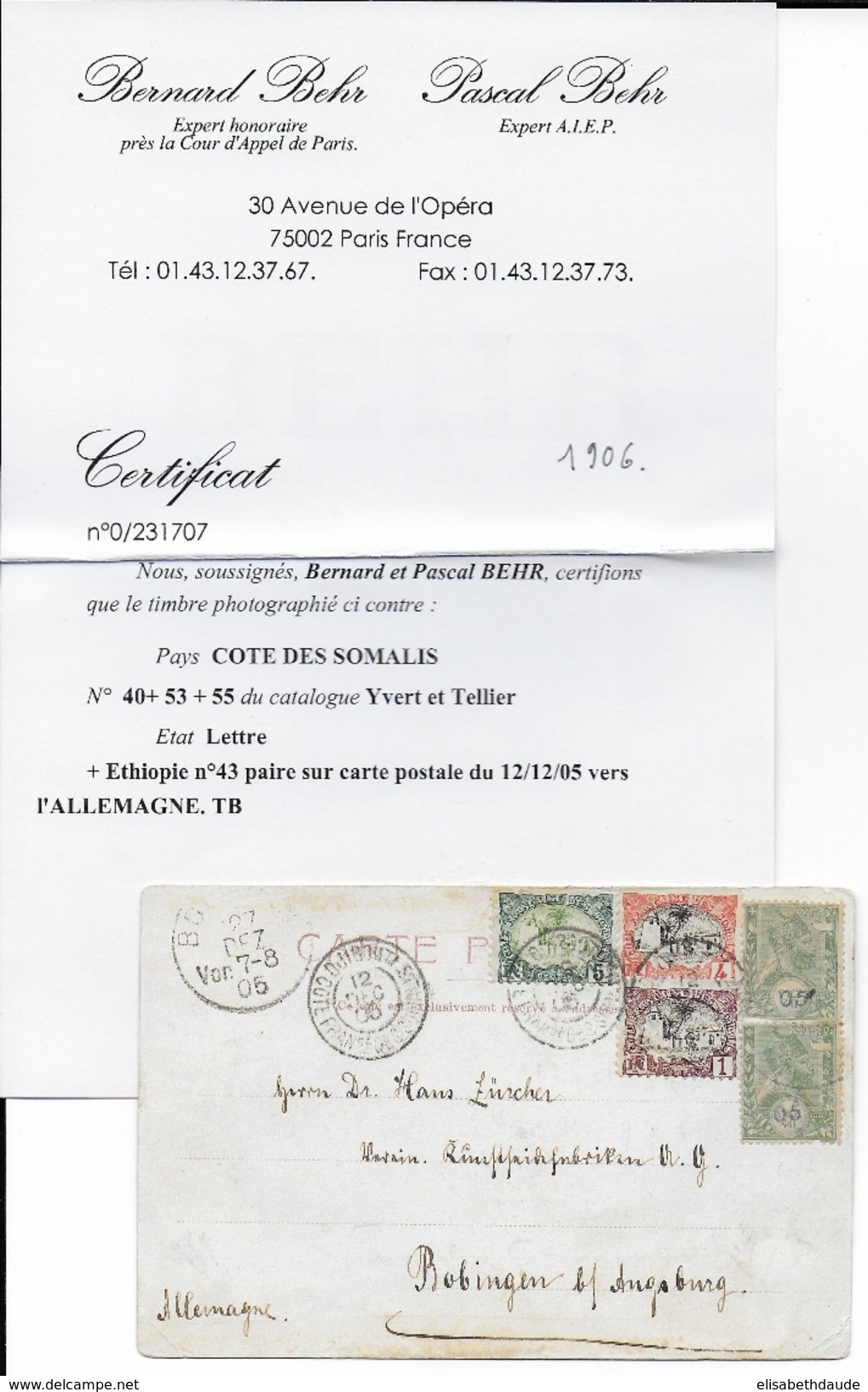 1905 - MIXTE SOMALIS / ETHIOPIE Sur CP De HARAR Et DJIBOUTI => ALLEMAGNE - CERTIFICAT BEHR - Briefe U. Dokumente