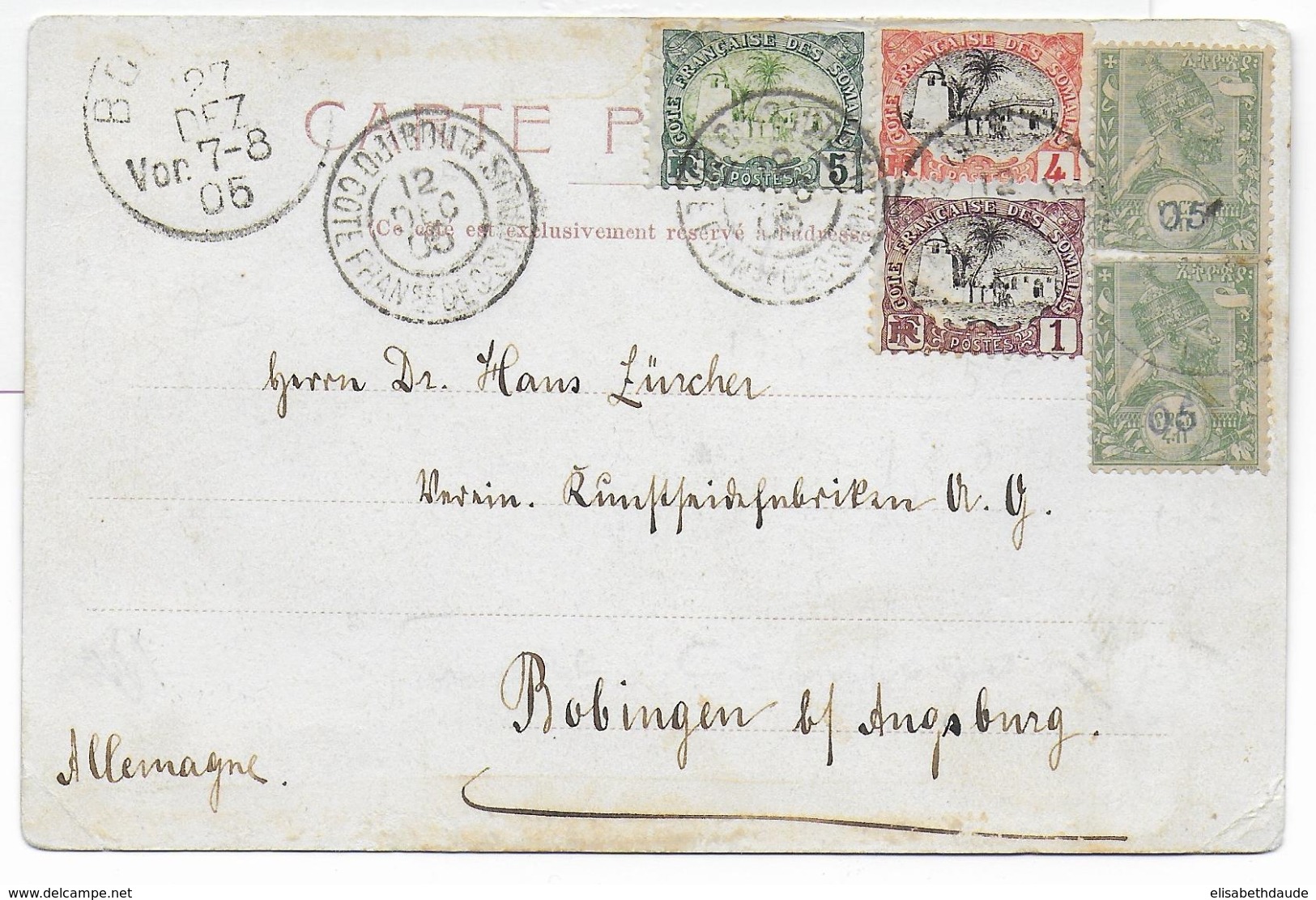 1905 - MIXTE SOMALIS / ETHIOPIE Sur CP De HARAR Et DJIBOUTI => ALLEMAGNE - CERTIFICAT BEHR - Lettres & Documents