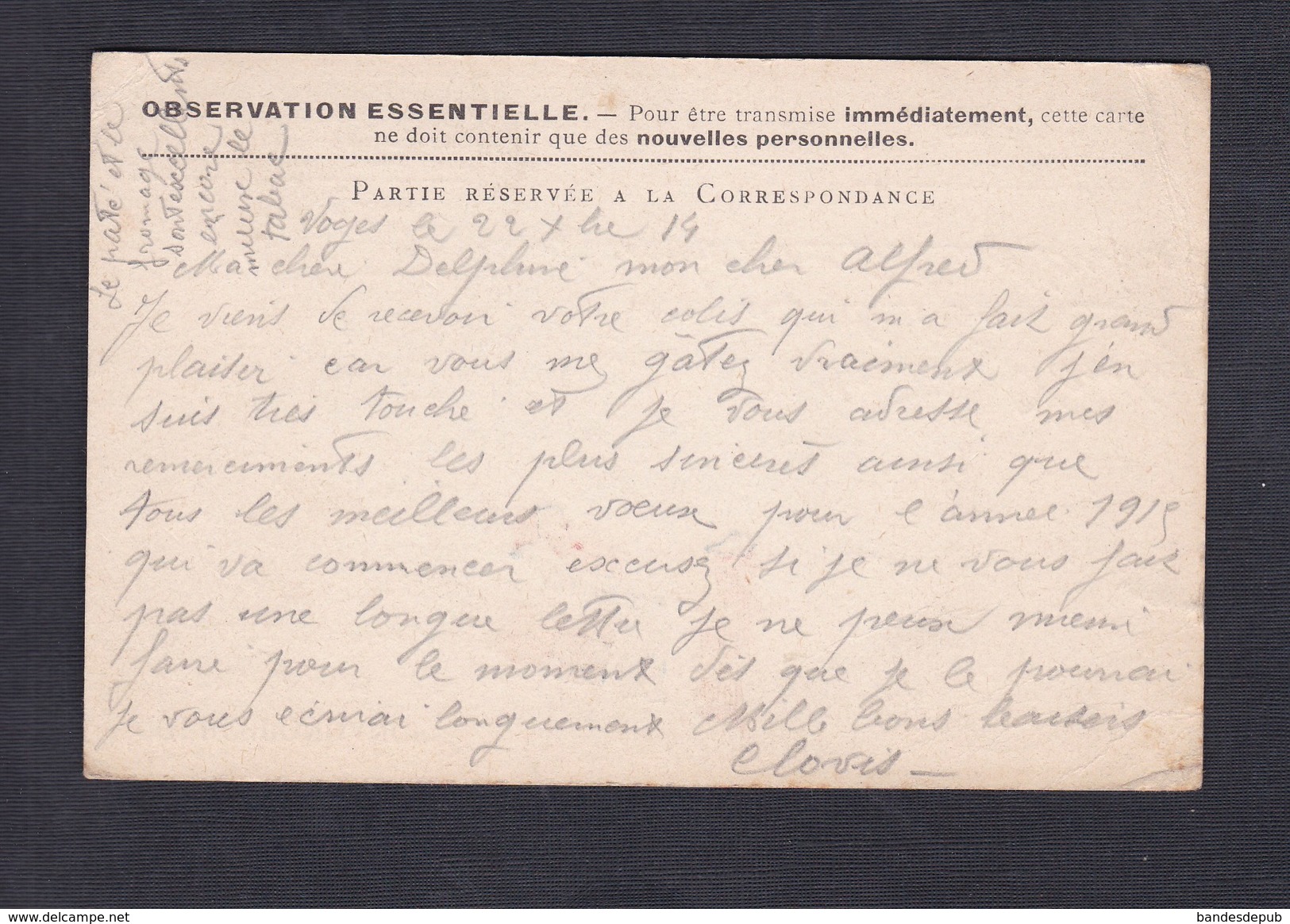 Carte Postale Franchise Militaire Guerre 14-18 Clovis Blanc Gonnet 22 22è Bataillon Chasseurs Alpins 6è Cie Vs Chaumont - Lettres & Documents