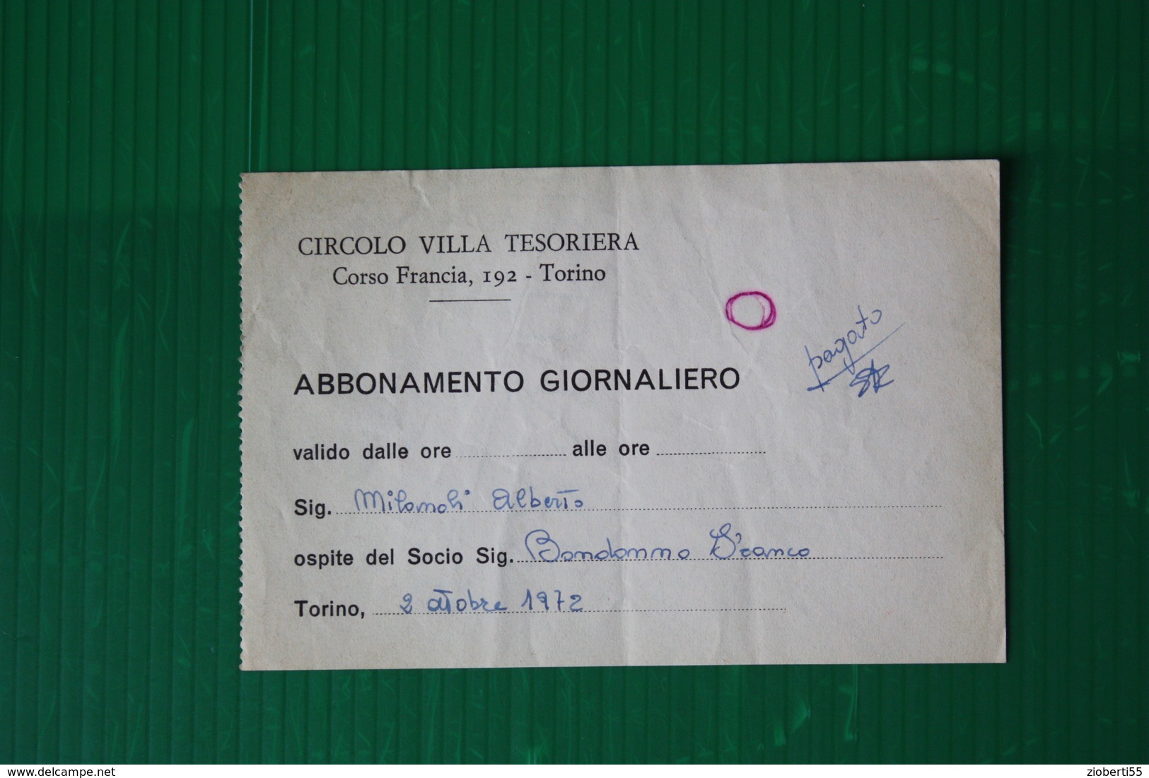 INGRESSO CIRCOLO VILLA TESORIERA - TORINO  - 1972 - Sonstige & Ohne Zuordnung