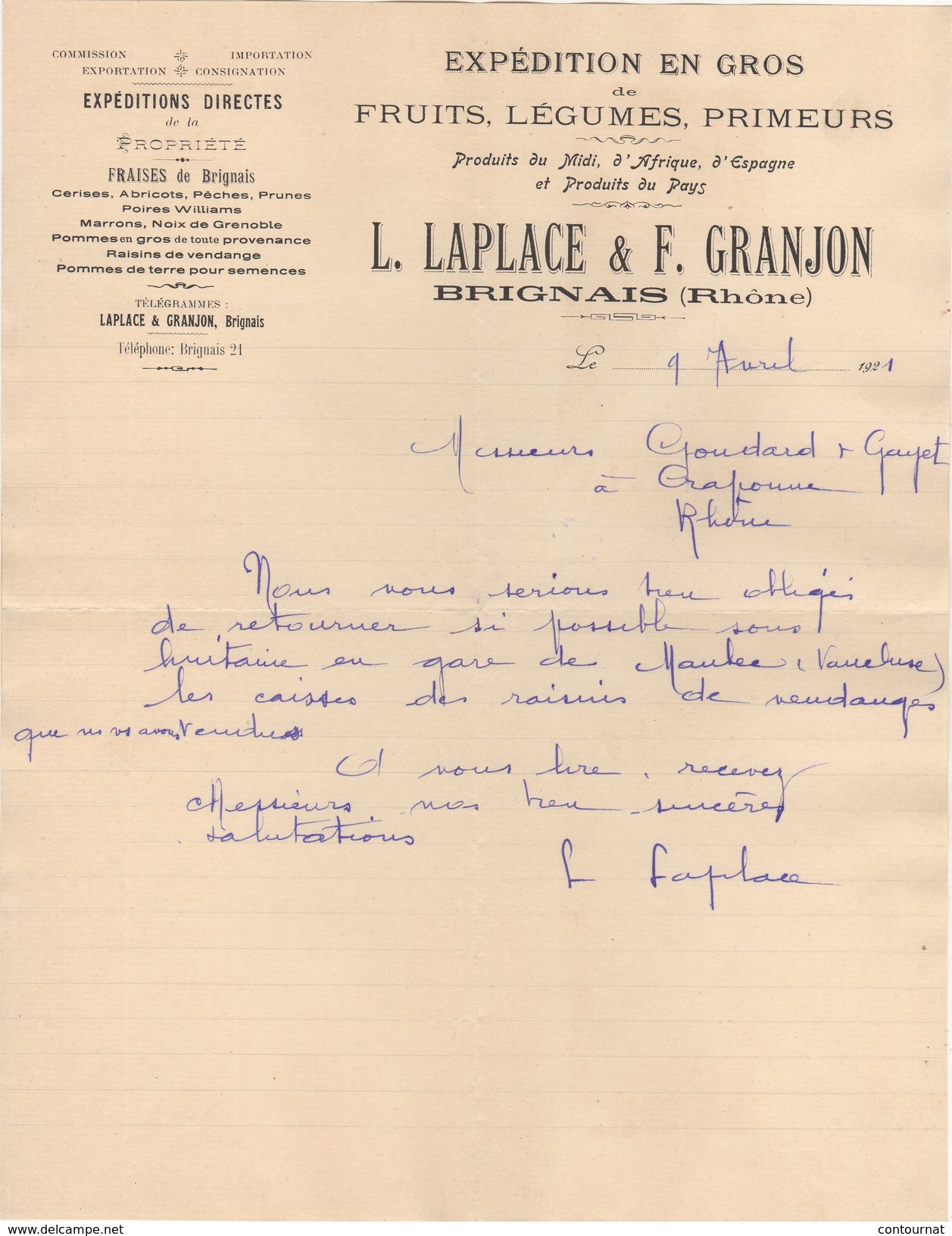 69 BRIGNAIS FACTURE 1921 Expédition Fruits Légumes LAPLACE & FRANJON  -  Z18 - 1900 – 1949