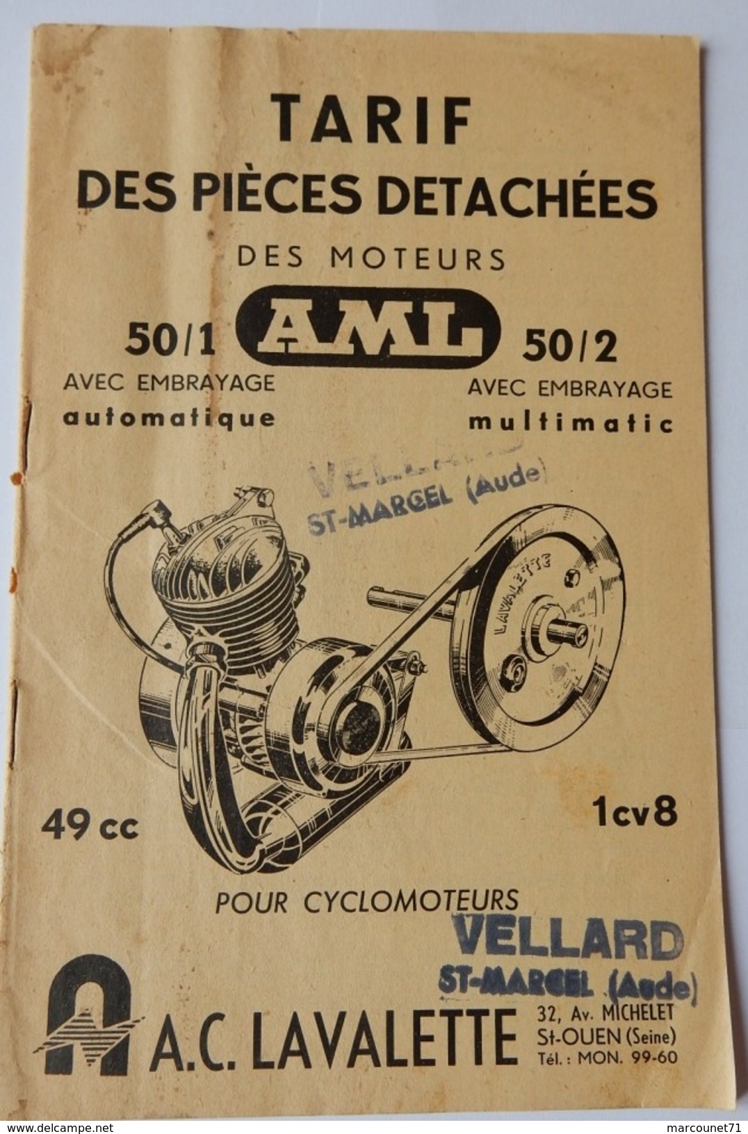 TARIF DES PIECES DETACHEES 1957 MOTEUR AML LAVALETTE SOLEX MOTUL - Matériel Et Accessoires