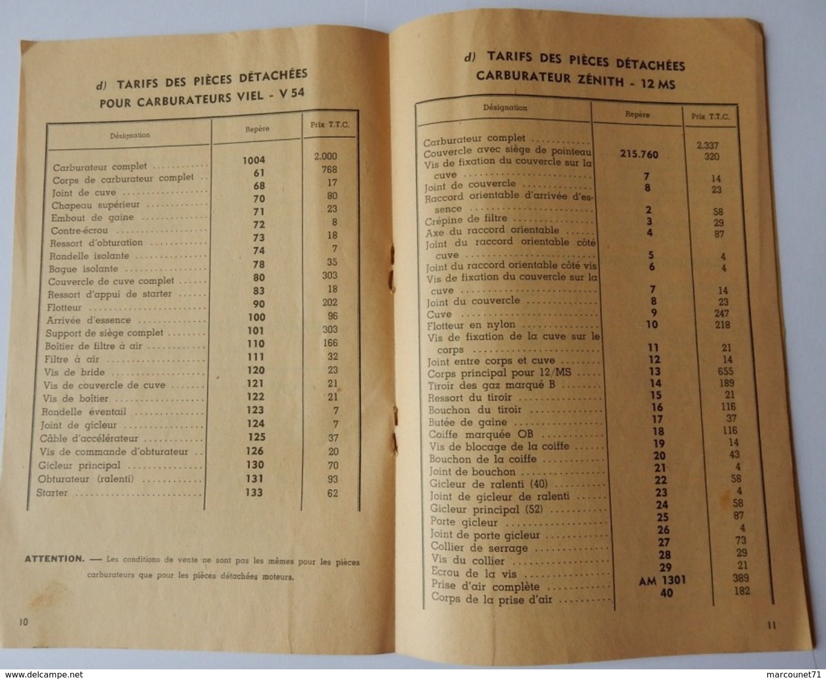 TARIF DES PIECES DETACHEES 1957 MOTEUR AML LAVALETTE SOLEX MOTUL - Matériel Et Accessoires