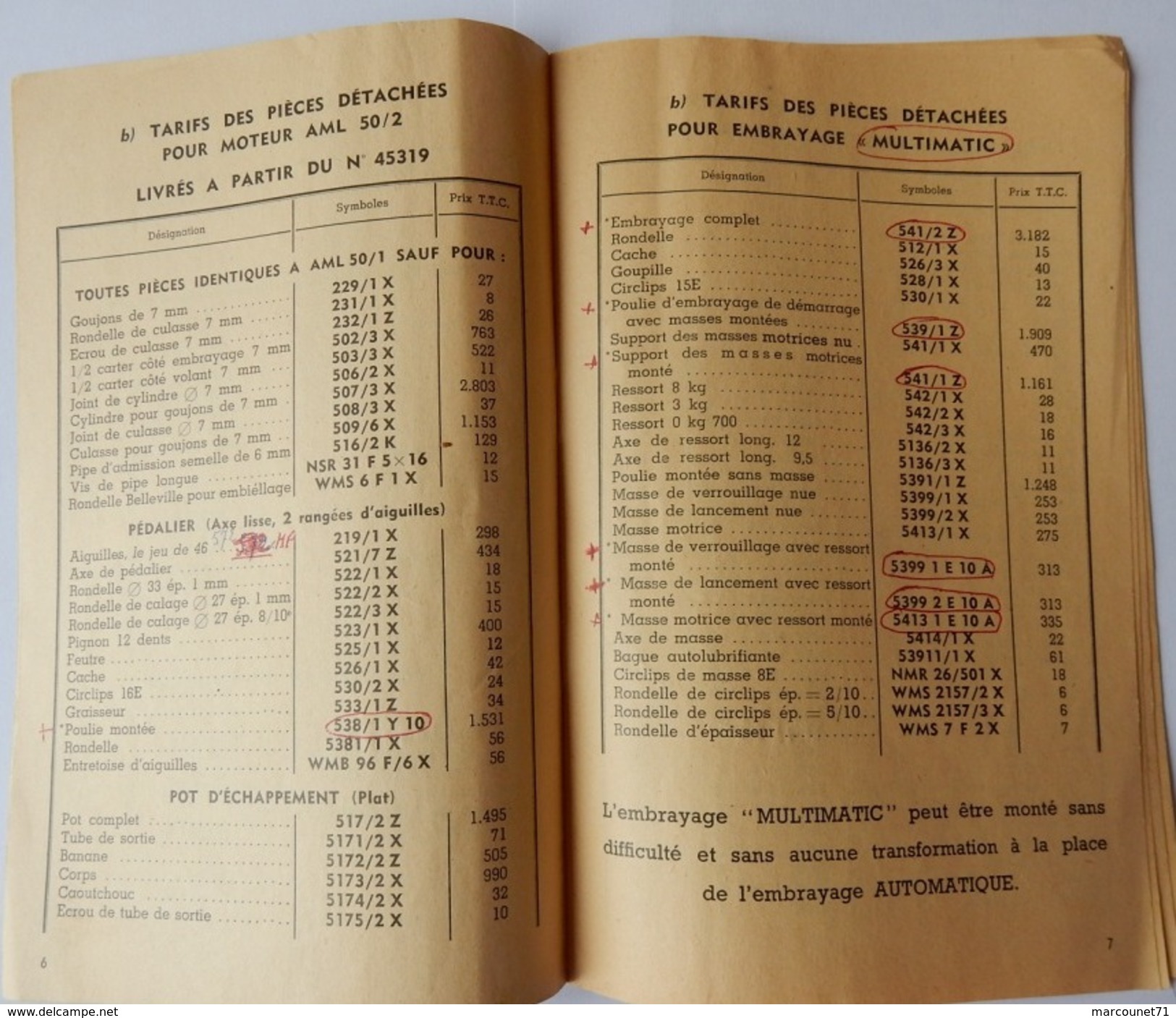 TARIF DES PIECES DETACHEES 1957 MOTEUR AML LAVALETTE SOLEX MOTUL - Matériel Et Accessoires