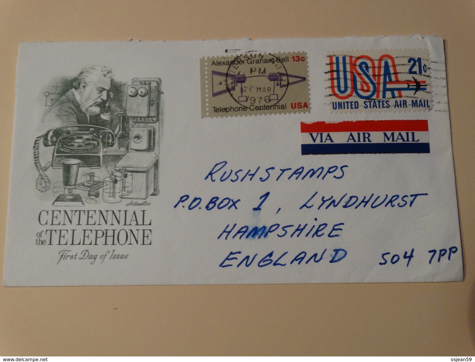 FDC - Centennial Of The Telephone(Alexander Bell)- U.S.A  Vers L'Angleterre Par Avion - Telecom