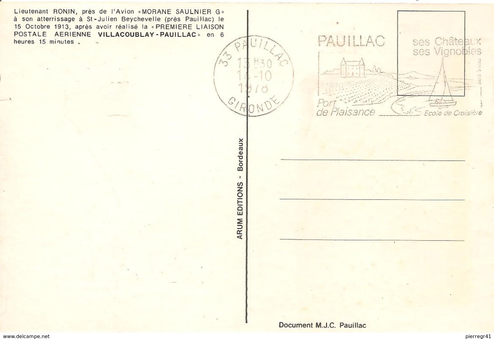 CARTE-PHILATELIQUE-1978-LT RONIN-AVION MORANE SAULNIER G-1913-1é LIAISON POSTALE-Villacoublay-Pauillac--TBE - ....-1914: Precursores