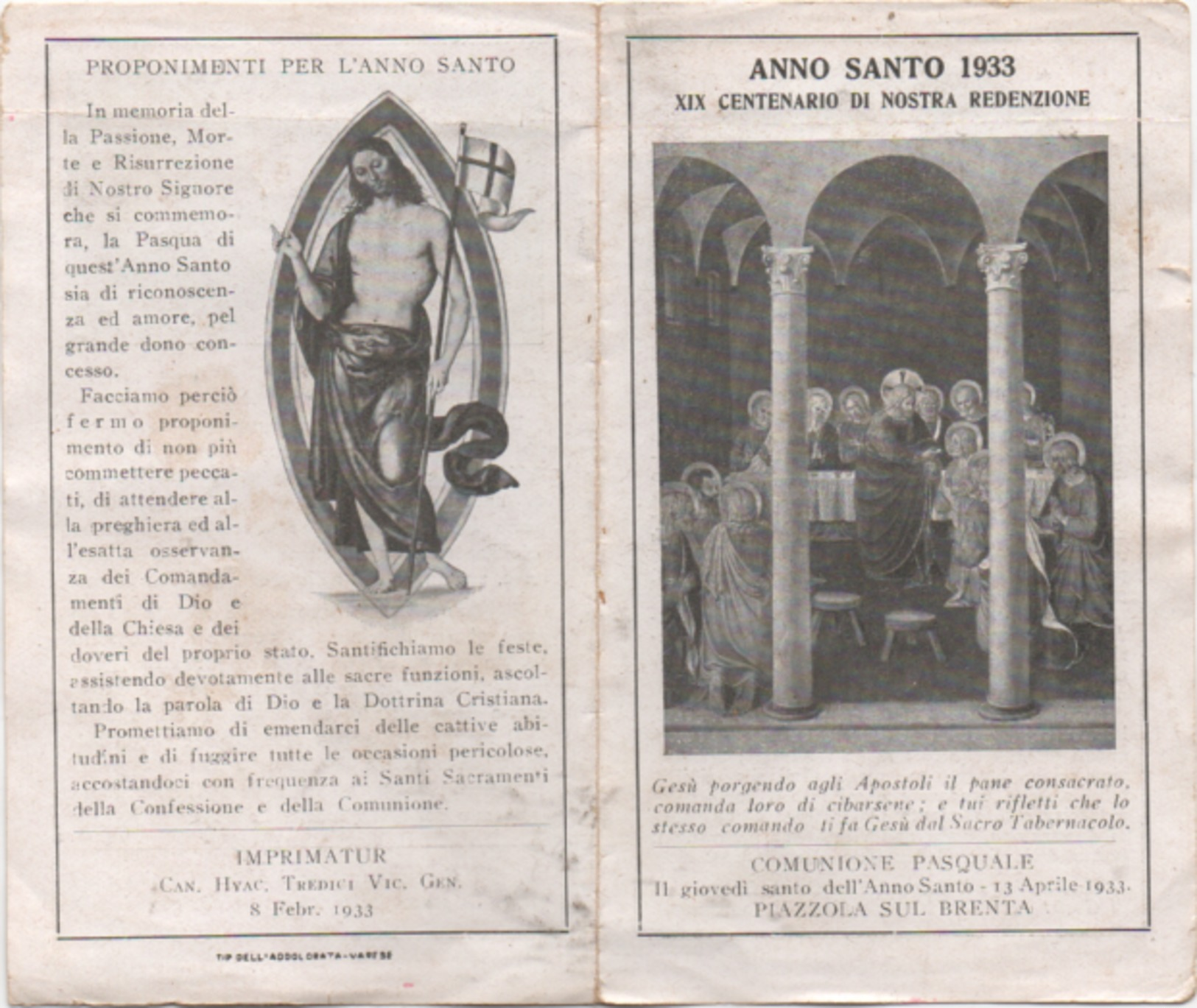 Santino Per L'Anno Santo 1933 E Comunione Pasquale A Piazzola Sul Brenta (Padova) - Santini