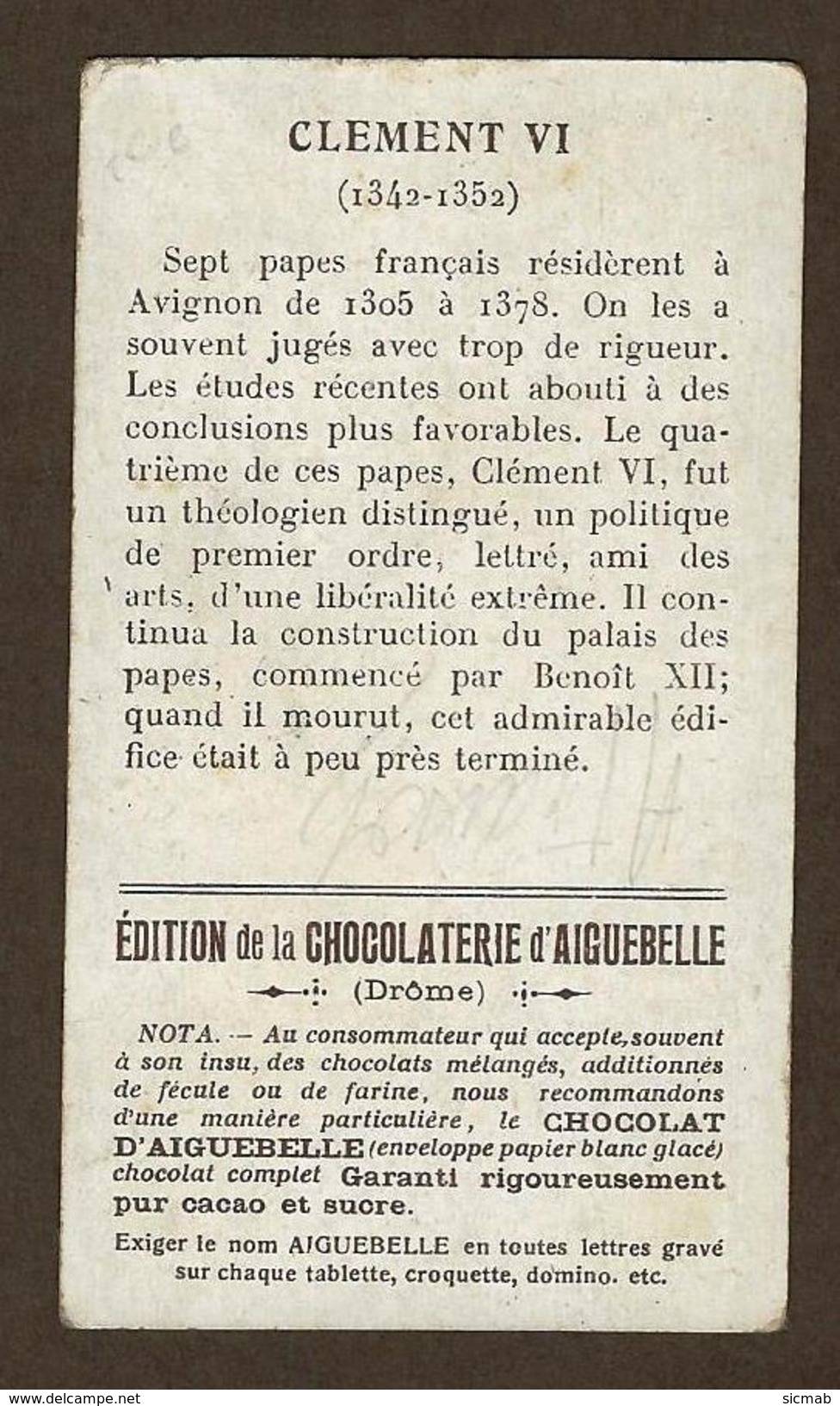 Ed Chocolatrie AIGUEBELLE, Série "les Grands Pontifes" Clément VI + Série "les Iles" CHYPRE - Aiguebelle