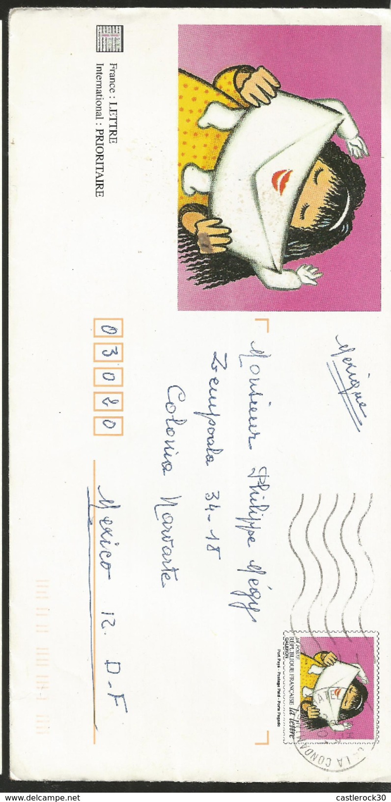 J) 2001 FRANCE, GIRL WITH LETTER OVER THE MOUTH, POSTAL STATIONARY, AIRMAIL CIRCULATED COVER, FROM FRANCE TO MEXICO - Covers & Documents