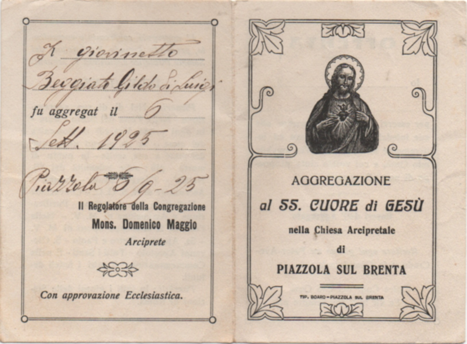 Santino Tessera Dell'Aggregazione Al Santissimo Cuore Di Gesù, Chiesa Arcipretale Di Piazzola Sul Brenta (Padova) 1925 - Santini