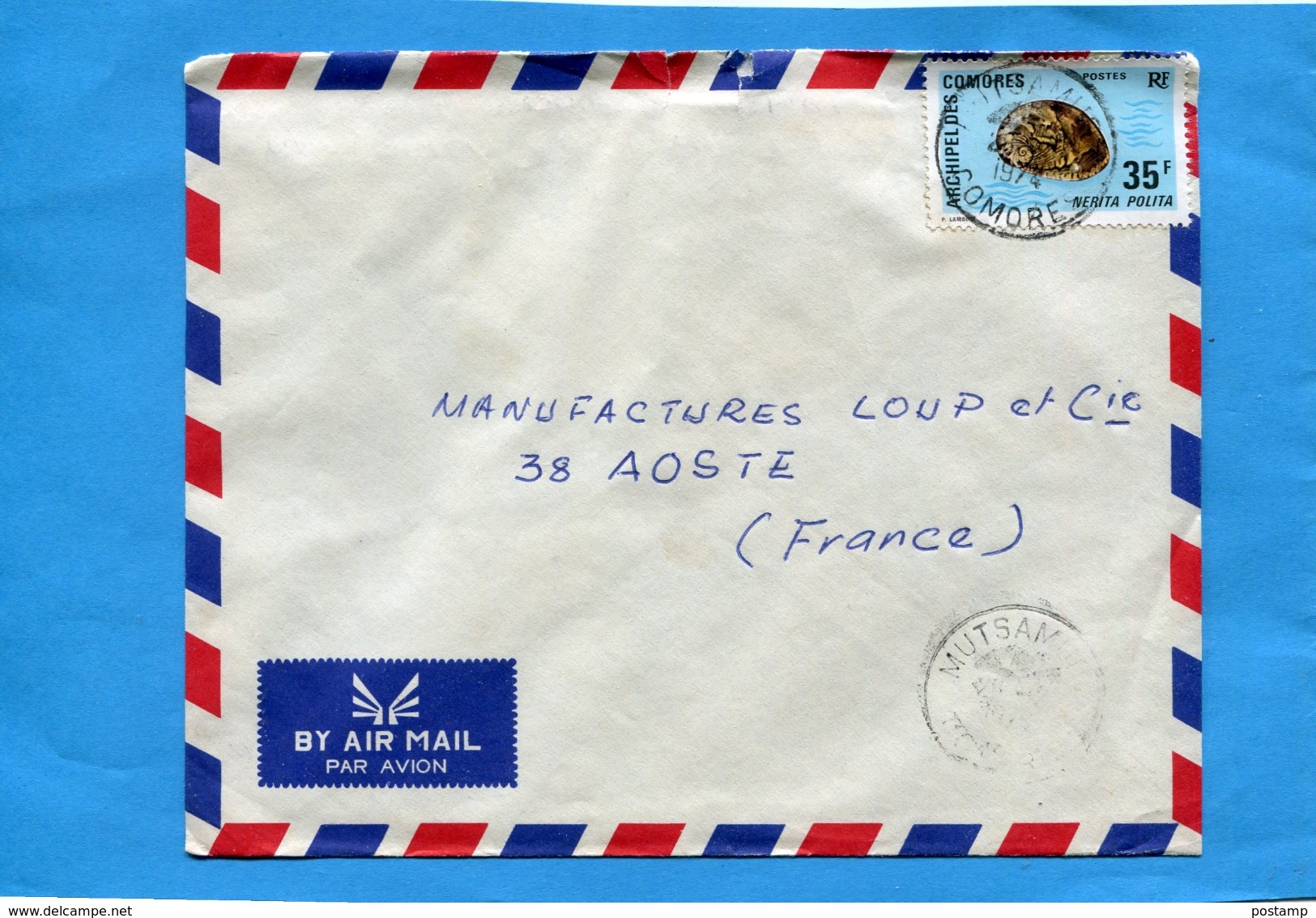 MARCOPHILIE-lettre--COMORES->Françe- Cad-Mutsamudu -1974-- StampN°coquillage Nérita Polita - Storia Postale