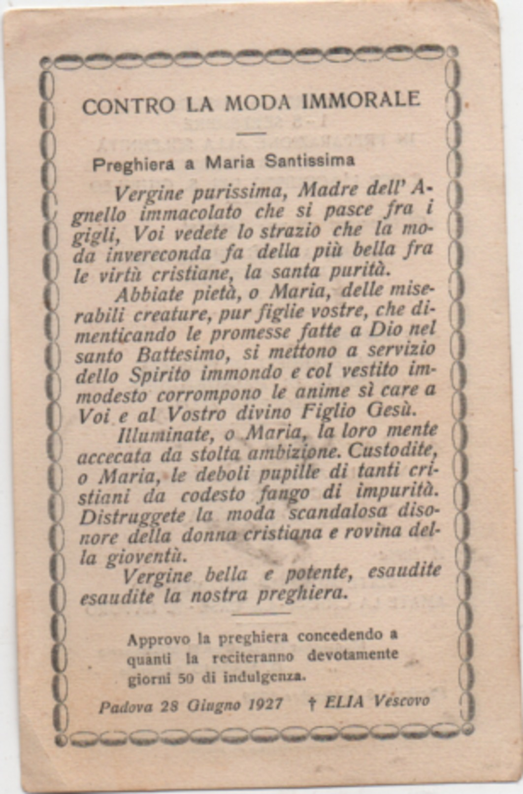 Santino Ricordo Della S. Missione 1-8 Settembre Per La Solennità Di Maria Bambina, Piazzola Sul Brenta (Padova) 1929 - Santini