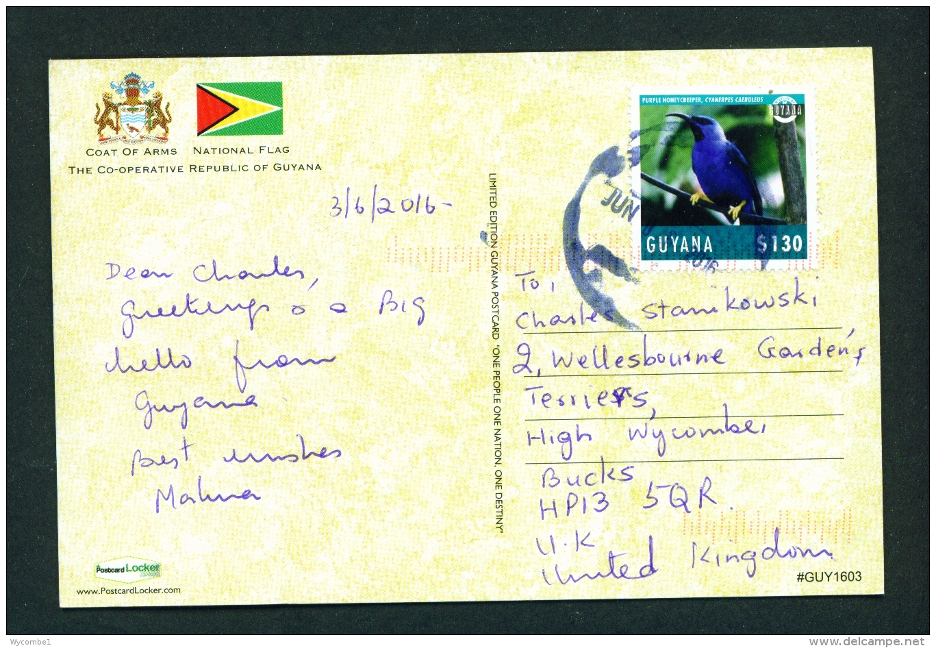 GUYANA -  Flag And Coat Of Arms  Used Postcard As Scans - Other & Unclassified