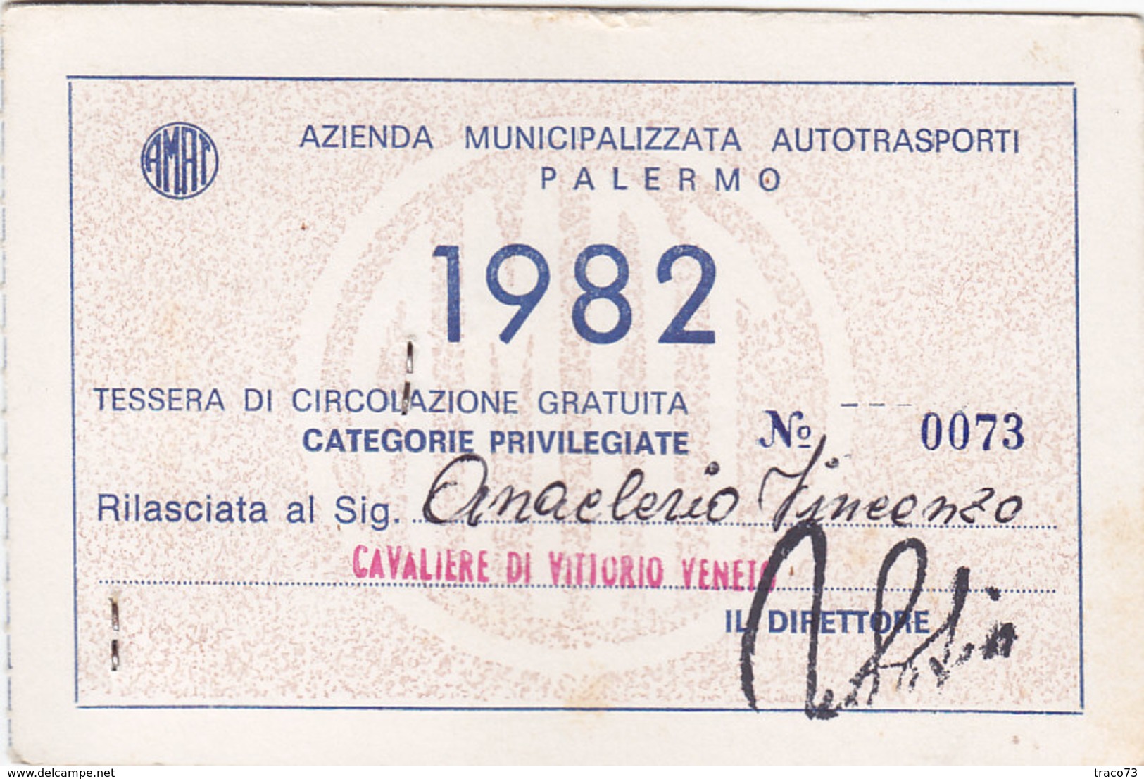 PALERMO  /  TESSERA  DI ABBONAMENTO -  CIRCOLAZIONE GRATUITA PER L'INTERA RETE  _ Anno 1982 - Europa