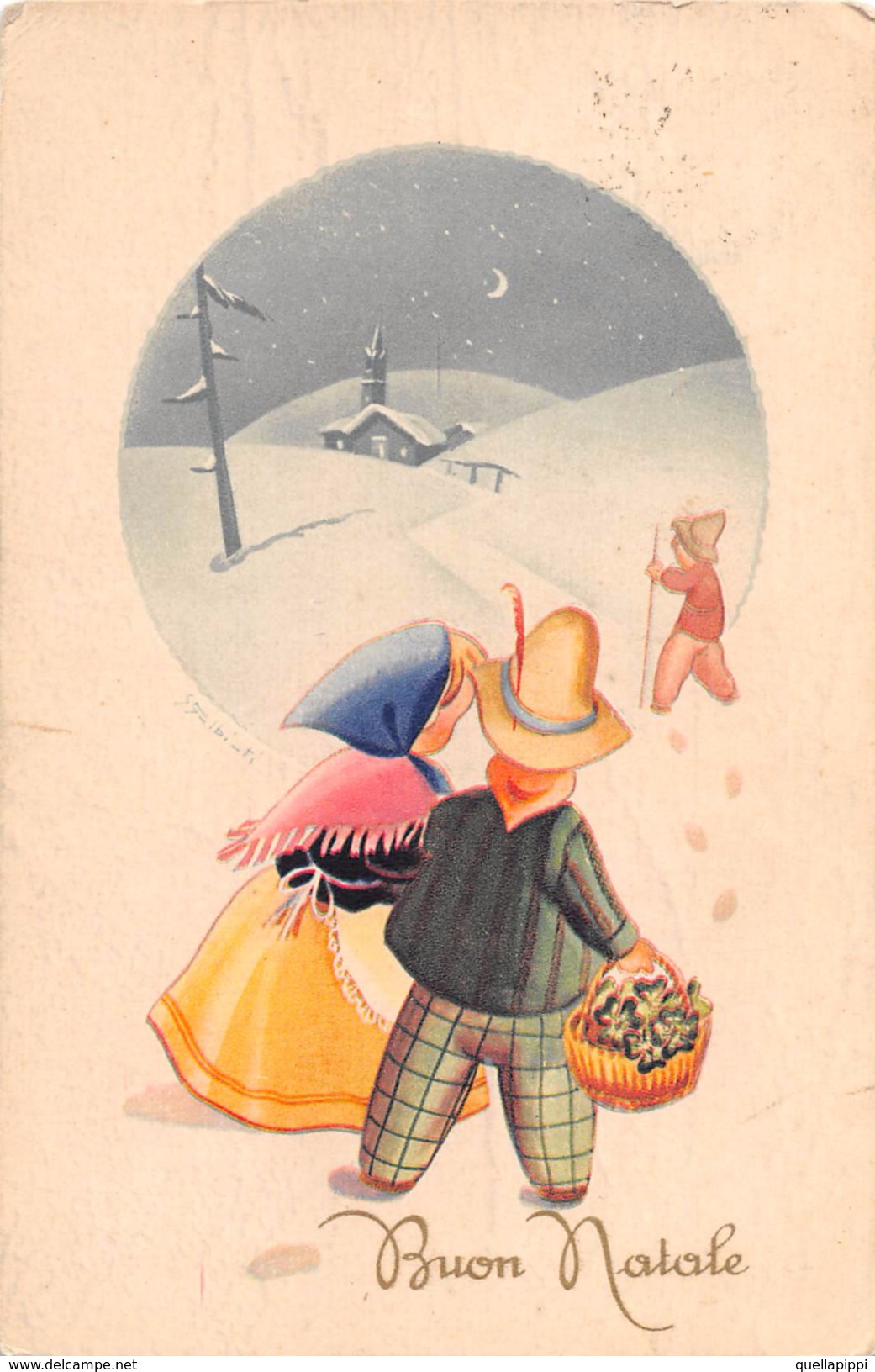 05581  "BUON NATALE" ANIMATA, BAMBINI, TACCHINO, PAESAGGIO INNEVATO . CART. ORIG. SPED. 1949 - Altri & Non Classificati