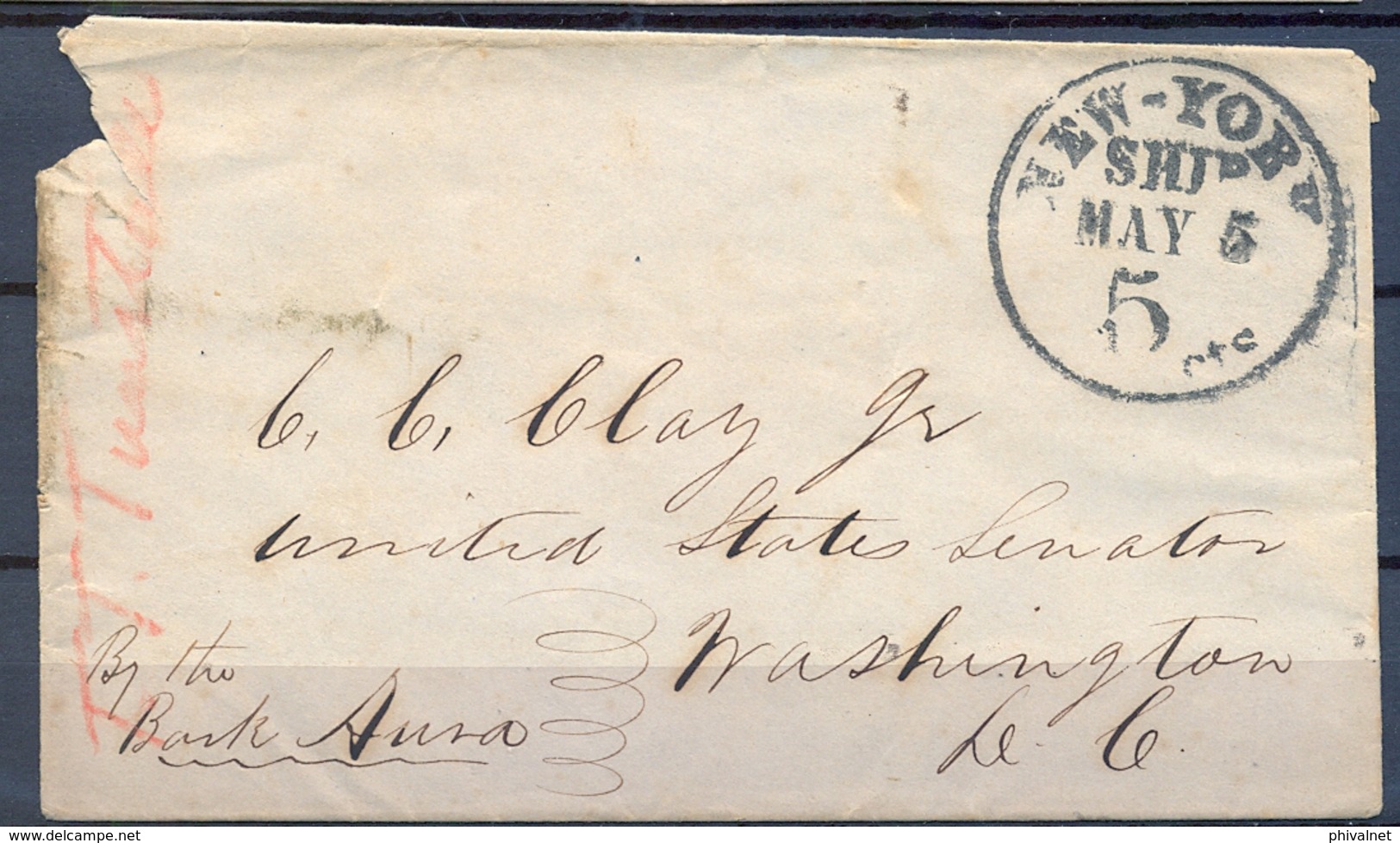 1853 , ESTADOS UNIDOS , SOBRE CIRCULADO ENTRE NUEVA YORK Y WASHINGTON , FECHADOR NEW - YORK / SHIP , AL SENADOR C.C.CLAY - …-1845 Vorphilatelie