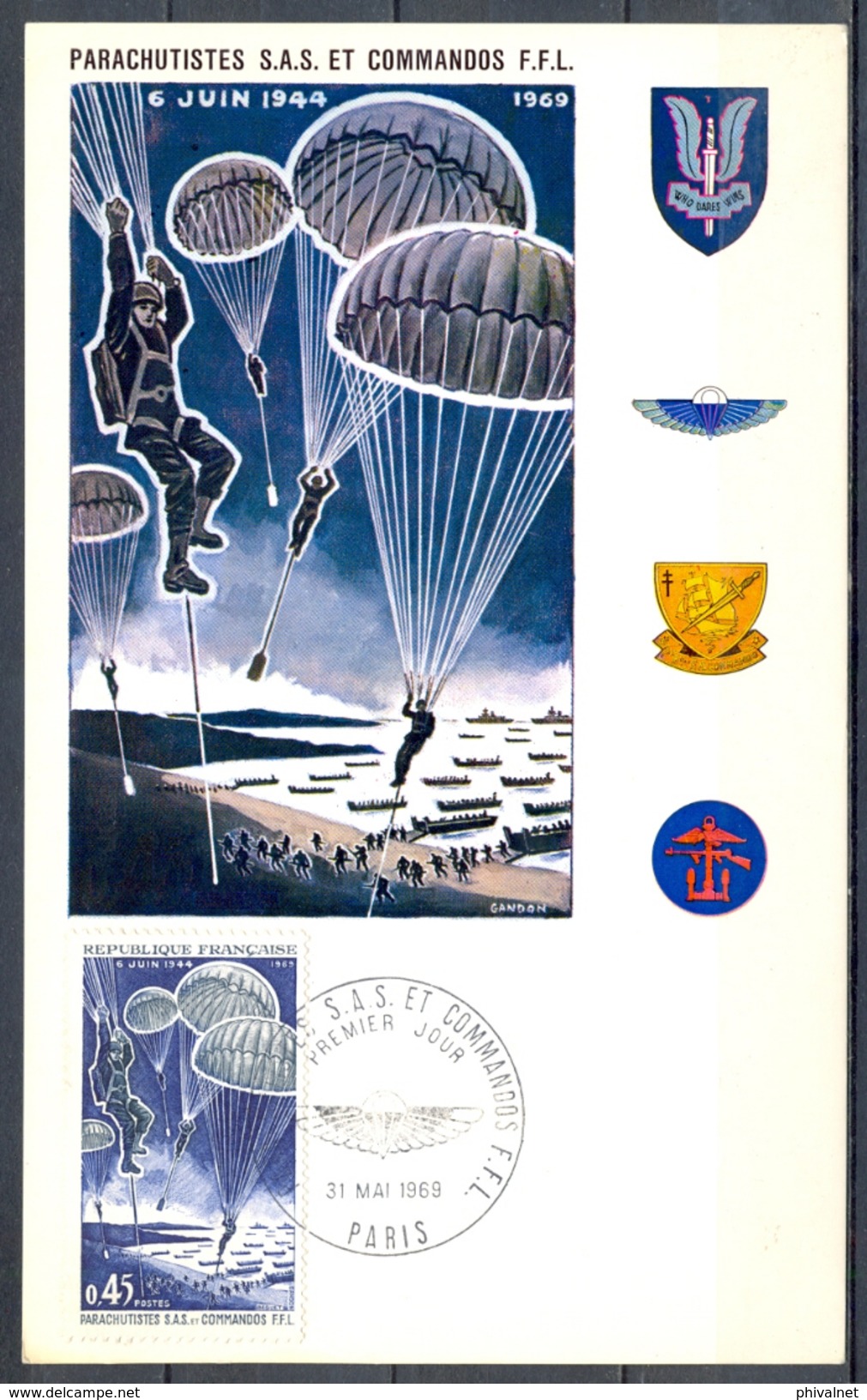 1969 , FRANCIA , PARACAIDISMO , TARJETA CONMEMORATIVA , MAT. PRIMER DIA - Parachutting