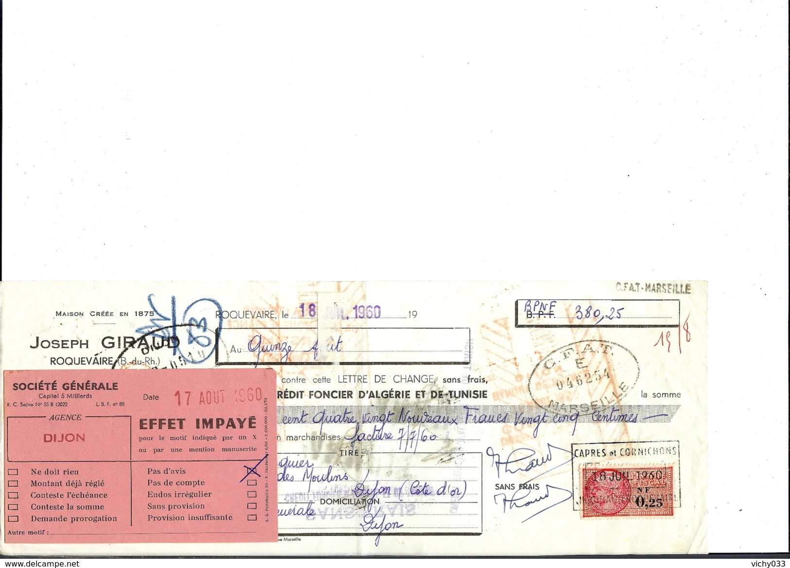 Ref 22/ 13, Roquevaire,  Joseph Giraud, Crédit Foncier D'Algérie Et De Tunisie, 1960, Pour Dijon 21 - Banque & Assurance