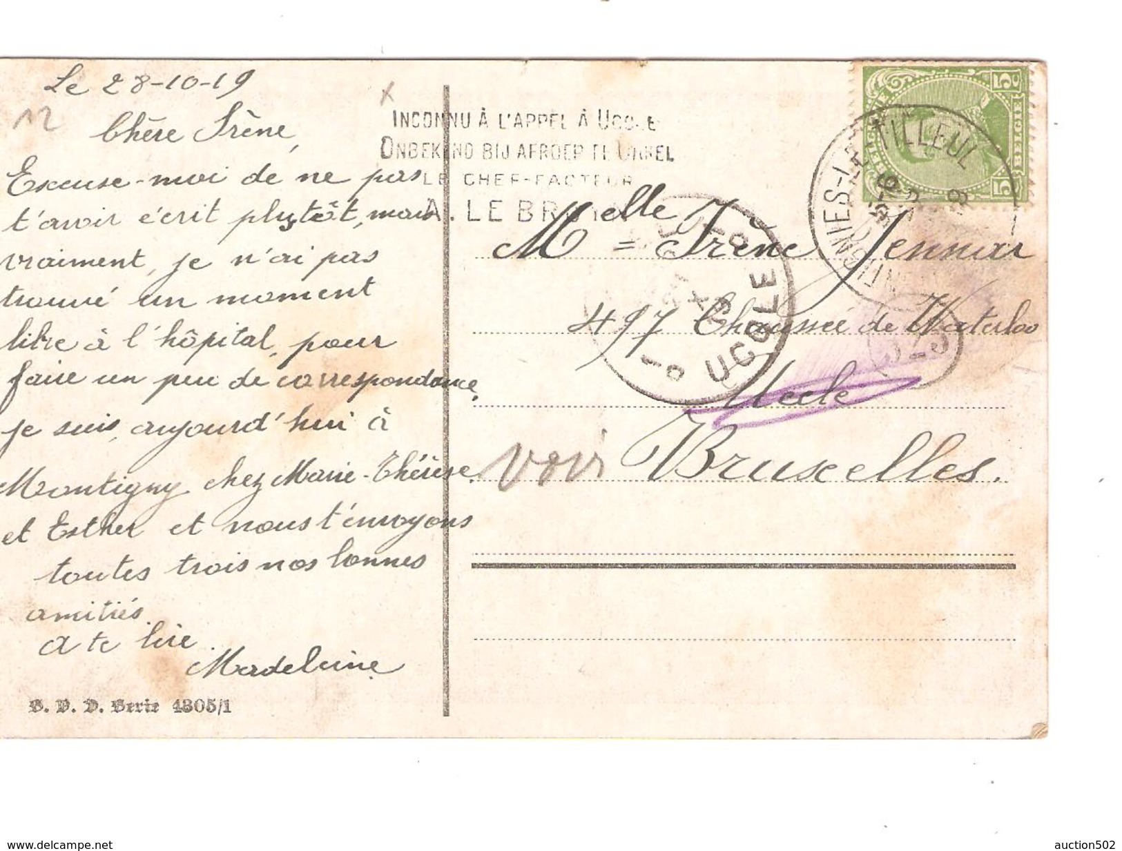 TP 137 S/CP Fantaisie C.Montignies-Le-Tilleul 29/10/1919 V.Uccle Griffe C.bilingue Inconnu...c.d'arrivée PR4201 - Linear Postmarks
