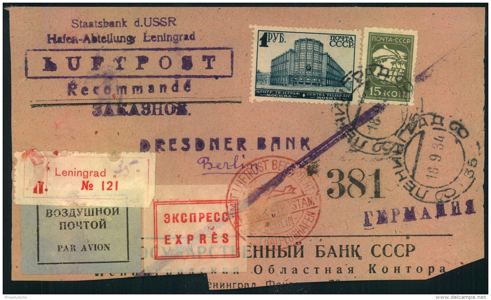 1934, Large Part Of Registered Express Letter Via Airmail Bankletter From LENINGRAD To Berlin. - Brieven En Documenten