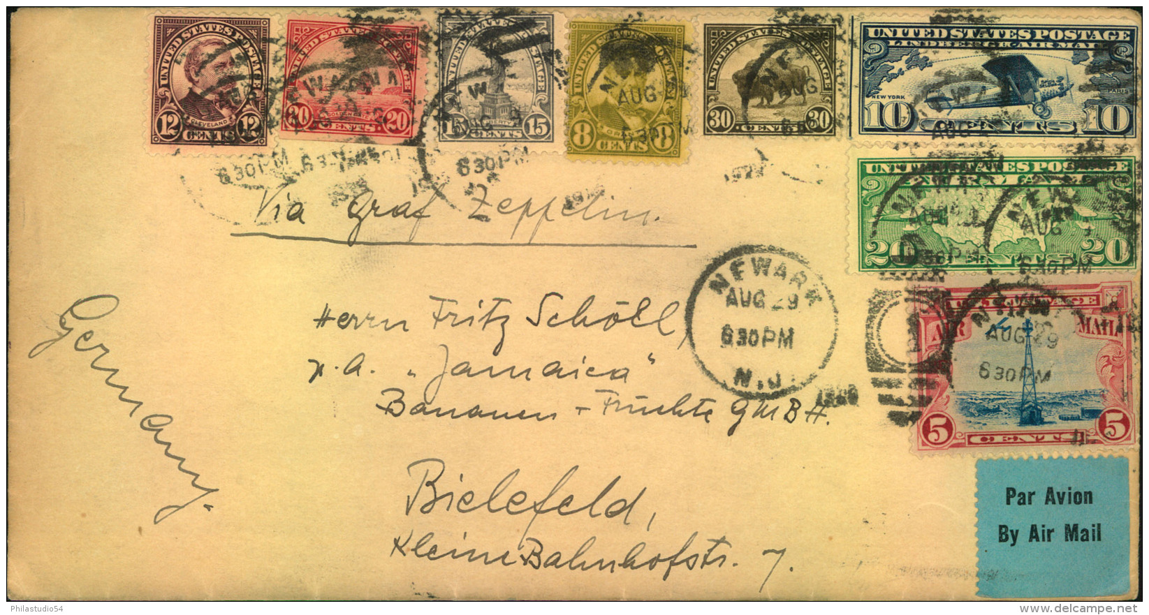 1929, Rich Franked Envelope From NEWARK With Friedrichshafen Arrival On Back. - Zeppelins