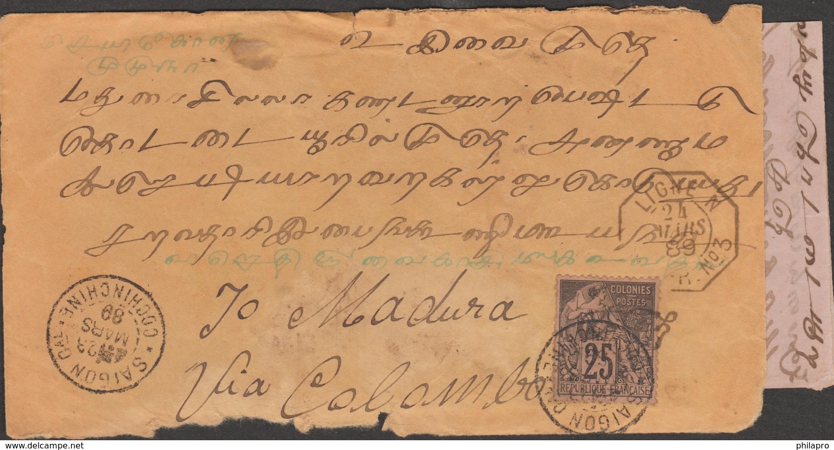 INDOCHINE  VERY OLD 1889  COVER From" SAIGON CAL"  To MADURA INDIA  By PAQUEBOT  FR N°3  Réf G896 - Lettres & Documents