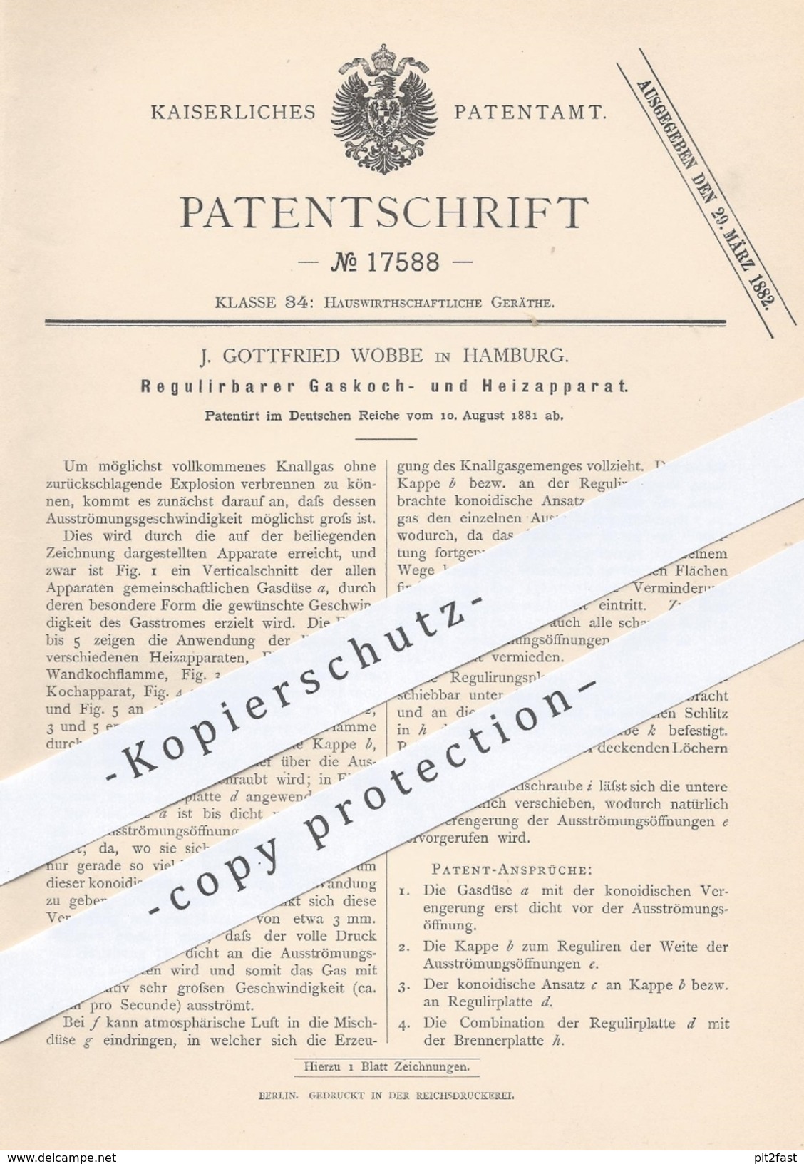 Original Patent - J. Gottfried Wobbe , Hamburg 1881 , Gaskocher U. Heizapparat | Kocher , Heizung , Gas , Herd , Brenner - Historische Dokumente