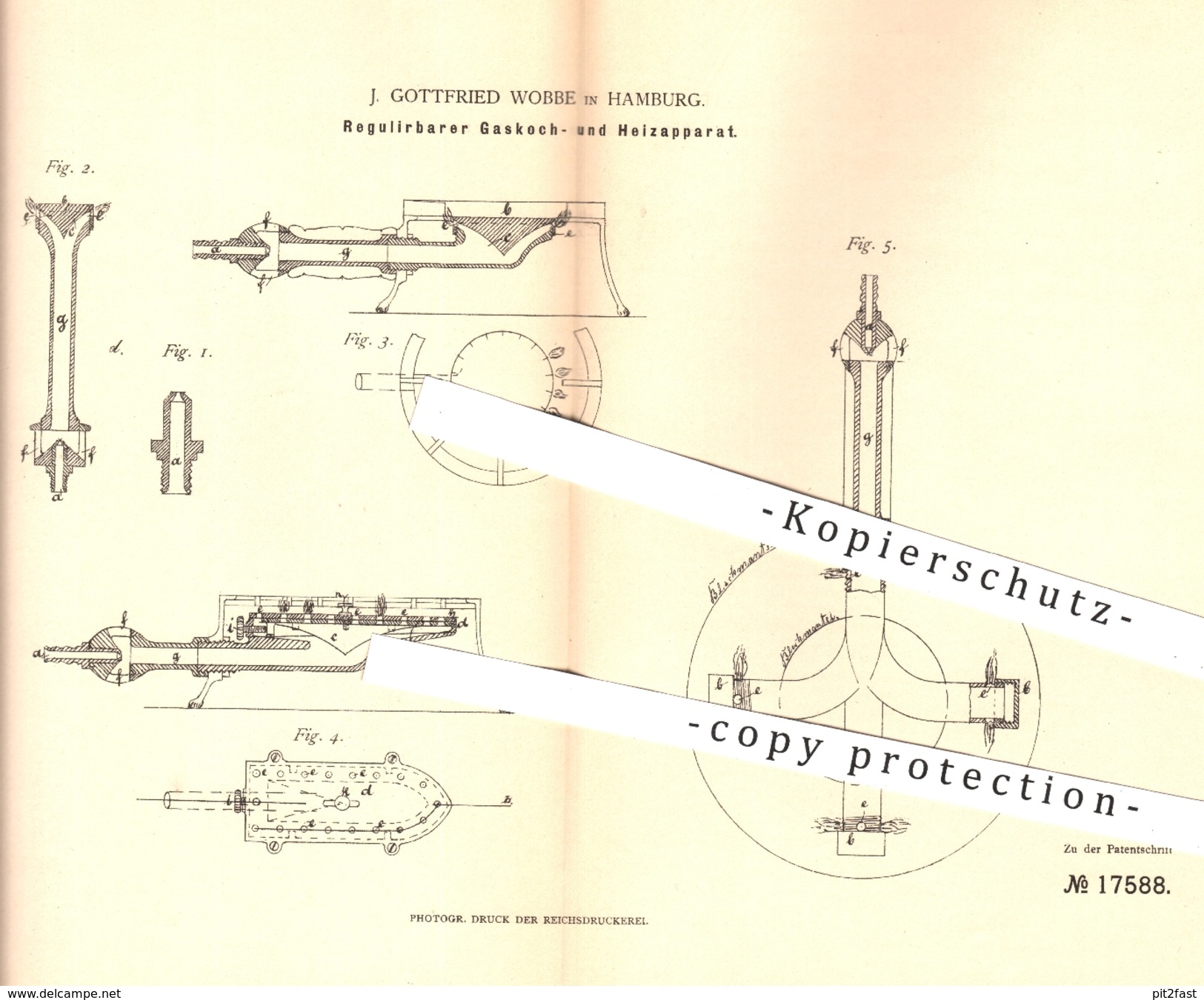 Original Patent - J. Gottfried Wobbe , Hamburg 1881 , Gaskocher U. Heizapparat | Kocher , Heizung , Gas , Herd , Brenner - Historische Dokumente