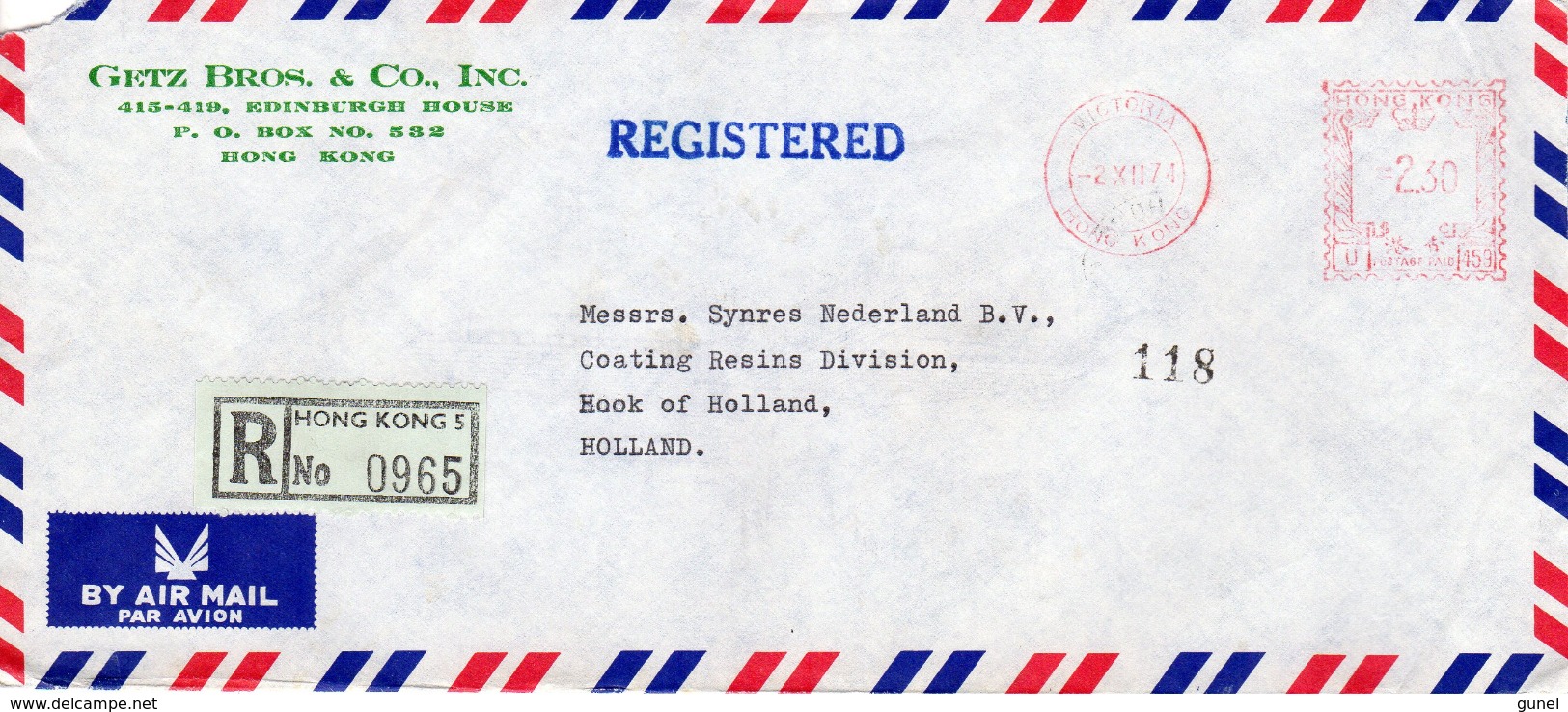 1974 Registered Airmail Envelope  From HONG KONG 5 To Hook Of Holland - Andere & Zonder Classificatie