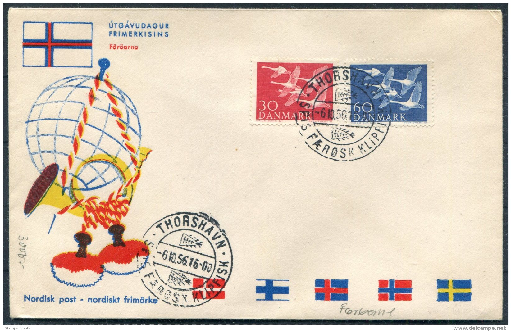 1956 Denmark / Faroe Islands Nordic Swans Illustrated EARLY First Day Cover. Thorshavn Klipfisk - Faroe Islands